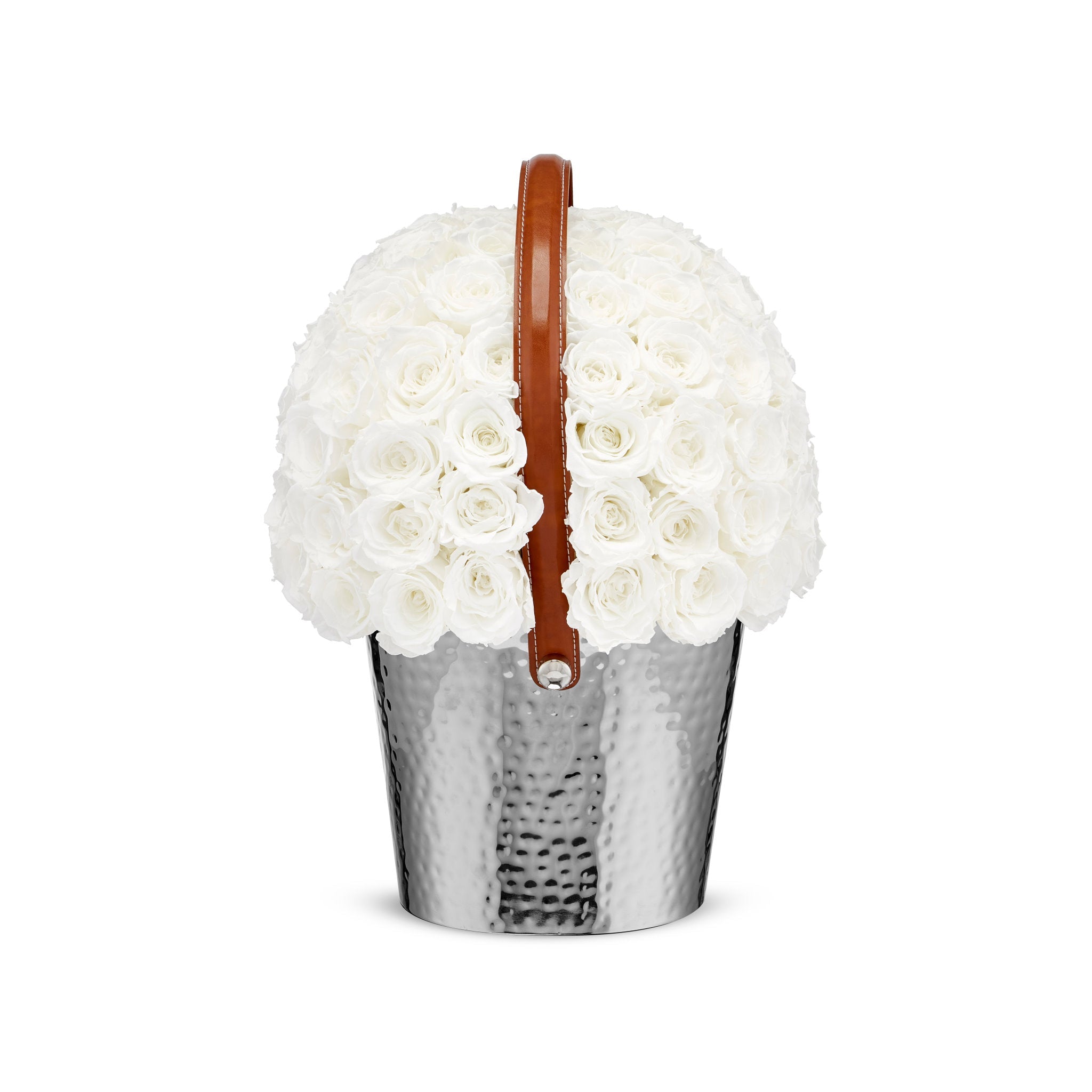 White flowers in a silver bucket with a brown handle on a white background