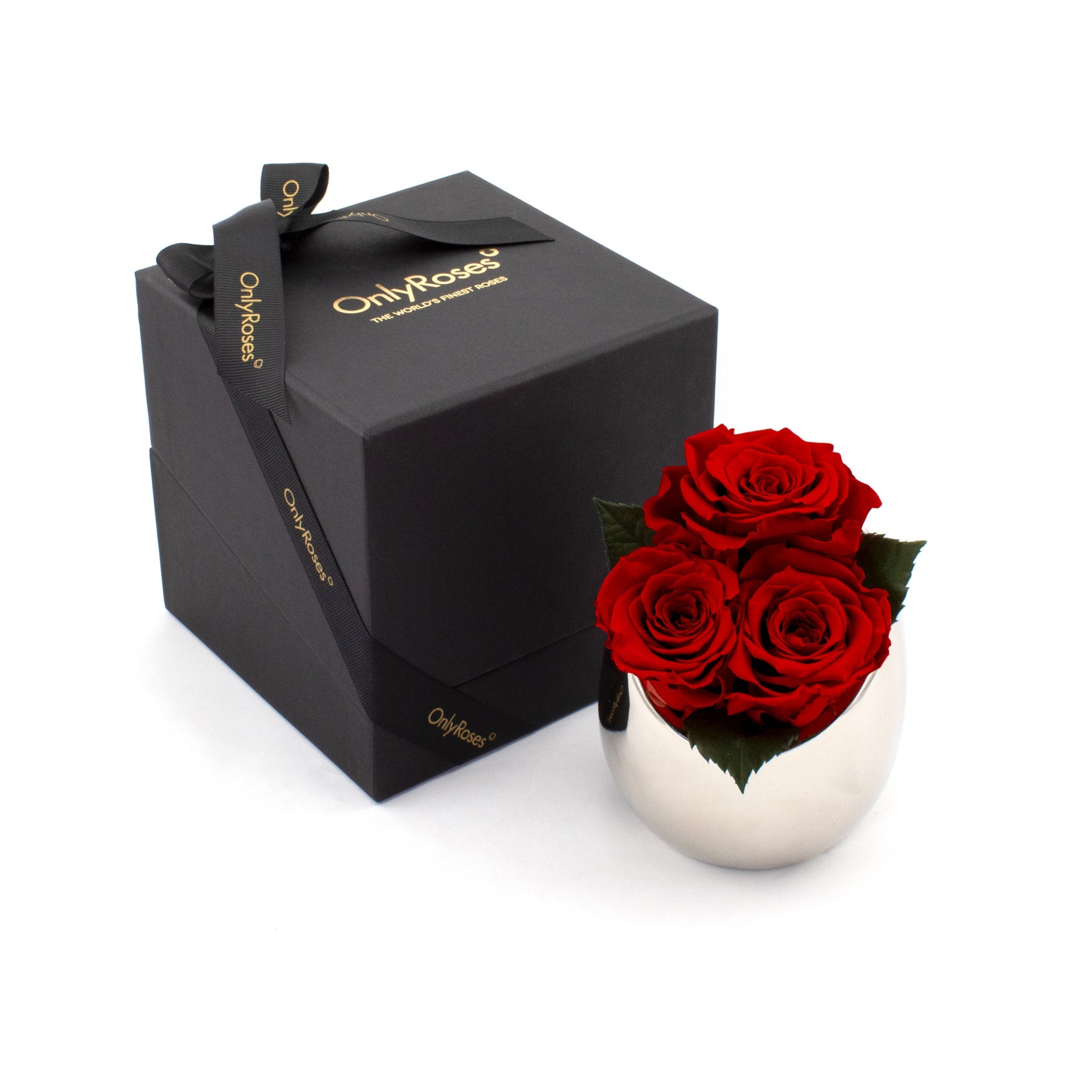 Three red roses in a silver vase next to an 'Only Roses' black box on a white background