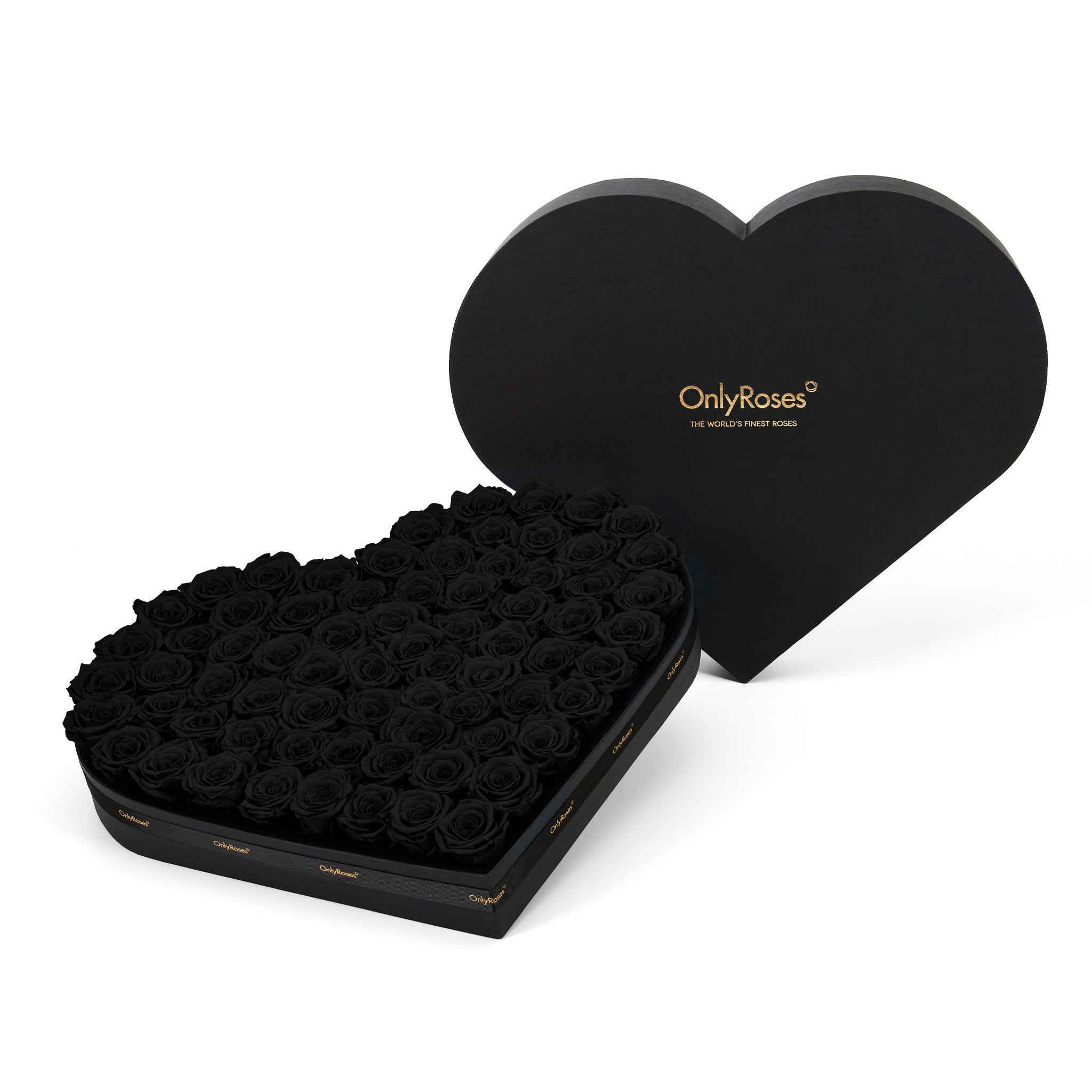 Heart-shaped black rose box with 'Only Roses' branding on a white background