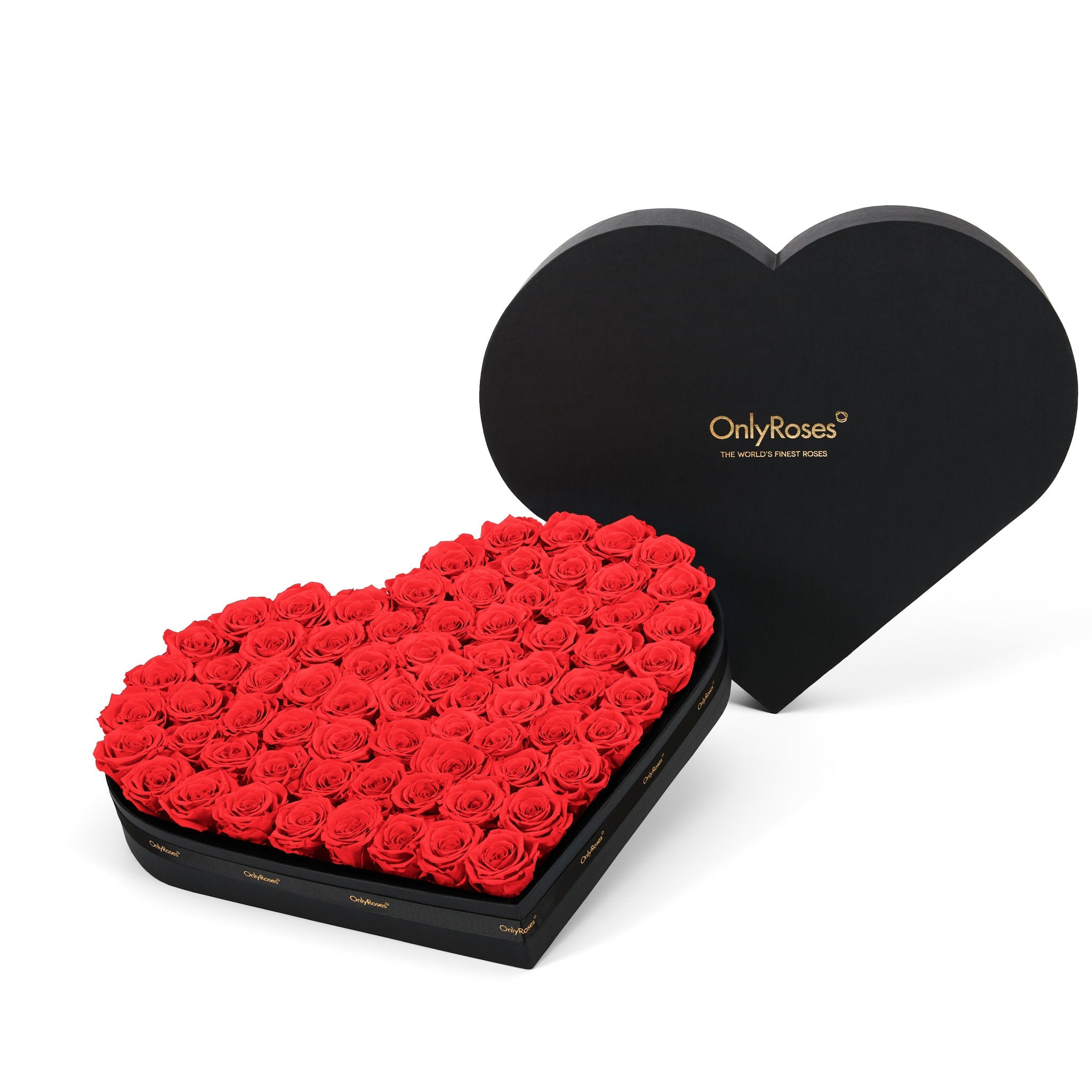 Heart-shaped box of red roses with 'Only Roses' branding on a white background