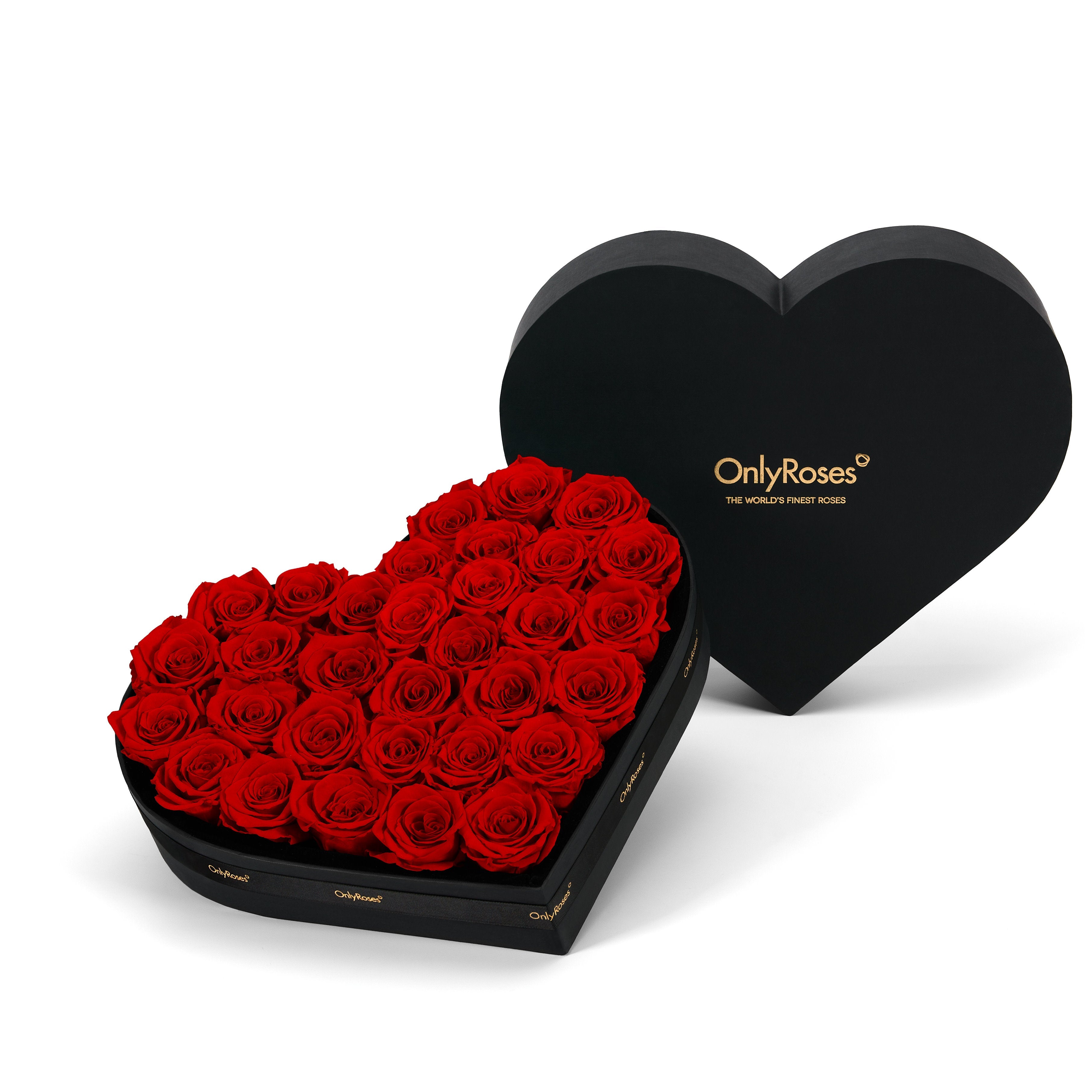 Heart-shaped box of red roses with 'OnlyRoses' branding on a white background