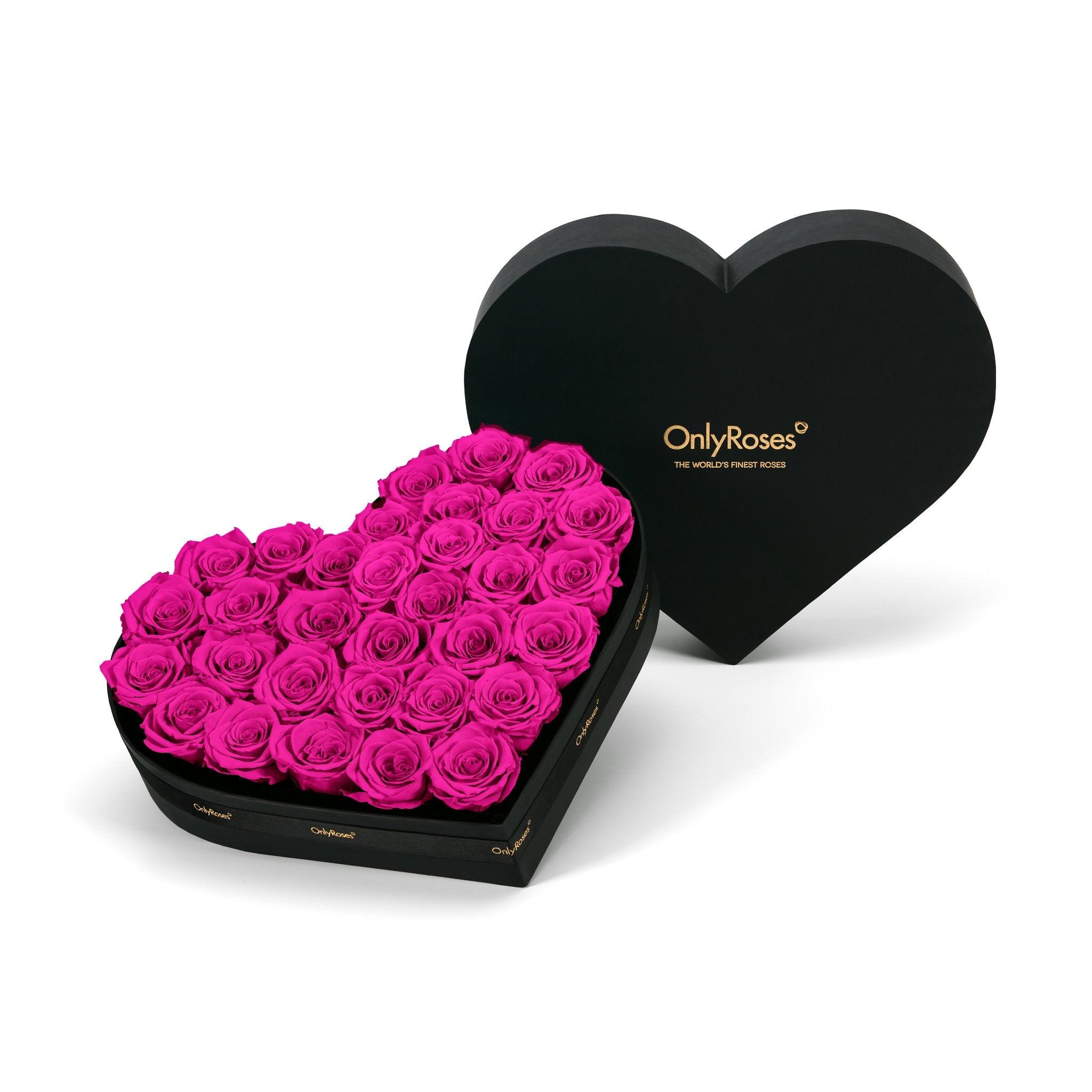 Heart-shaped box of pink roses with 'OnlyRoses' branding on a white background