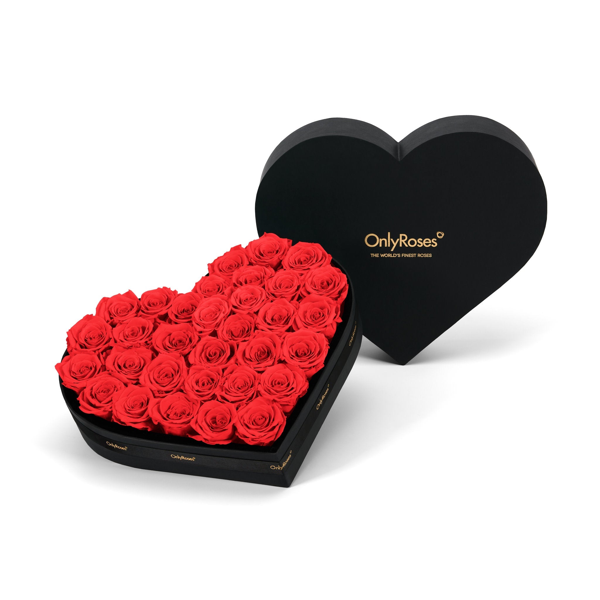 Heart-shaped box of red roses with 'OnlyRoses' branding on a white background