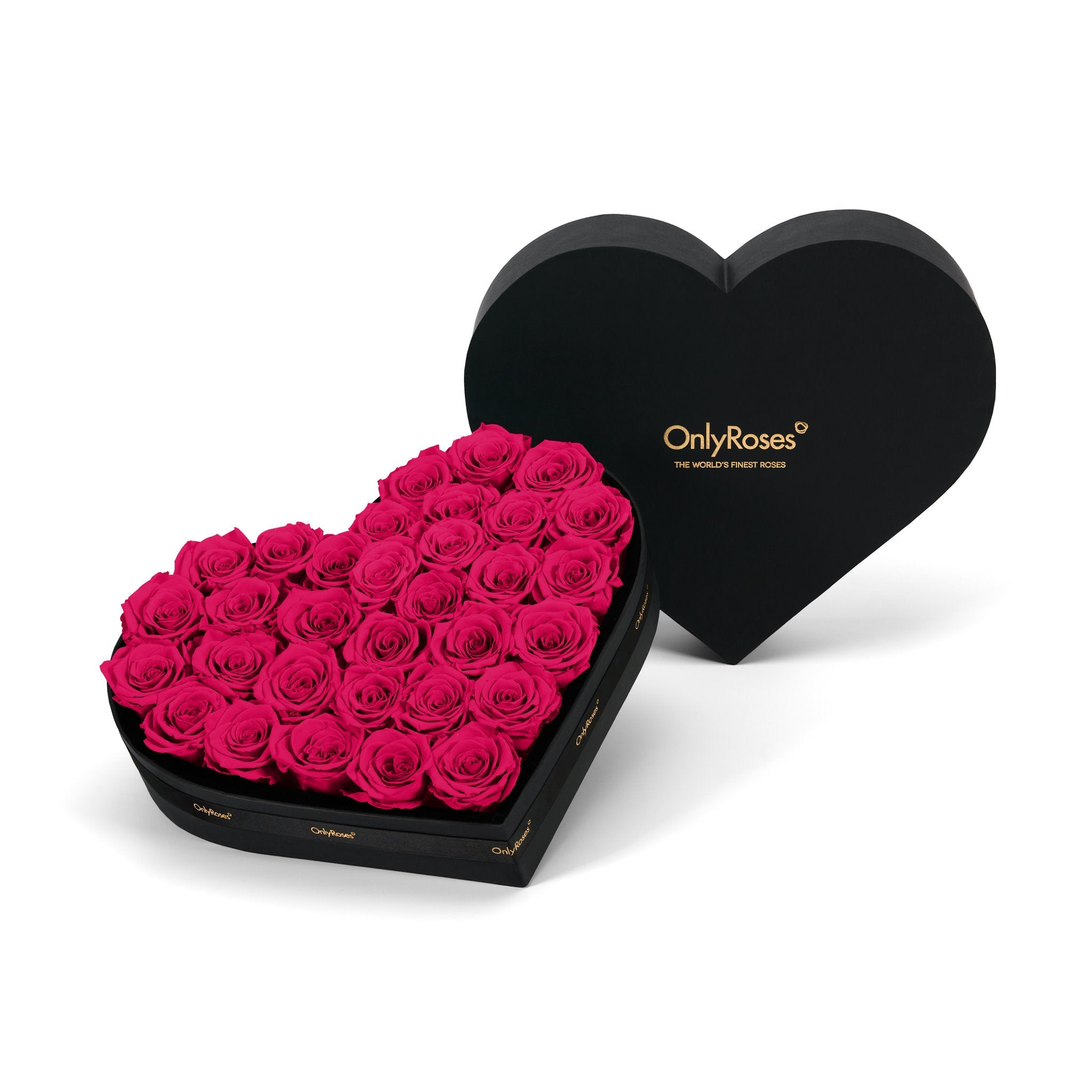 Heart-shaped box of pink roses with 'OnlyRoses' branding on a white background