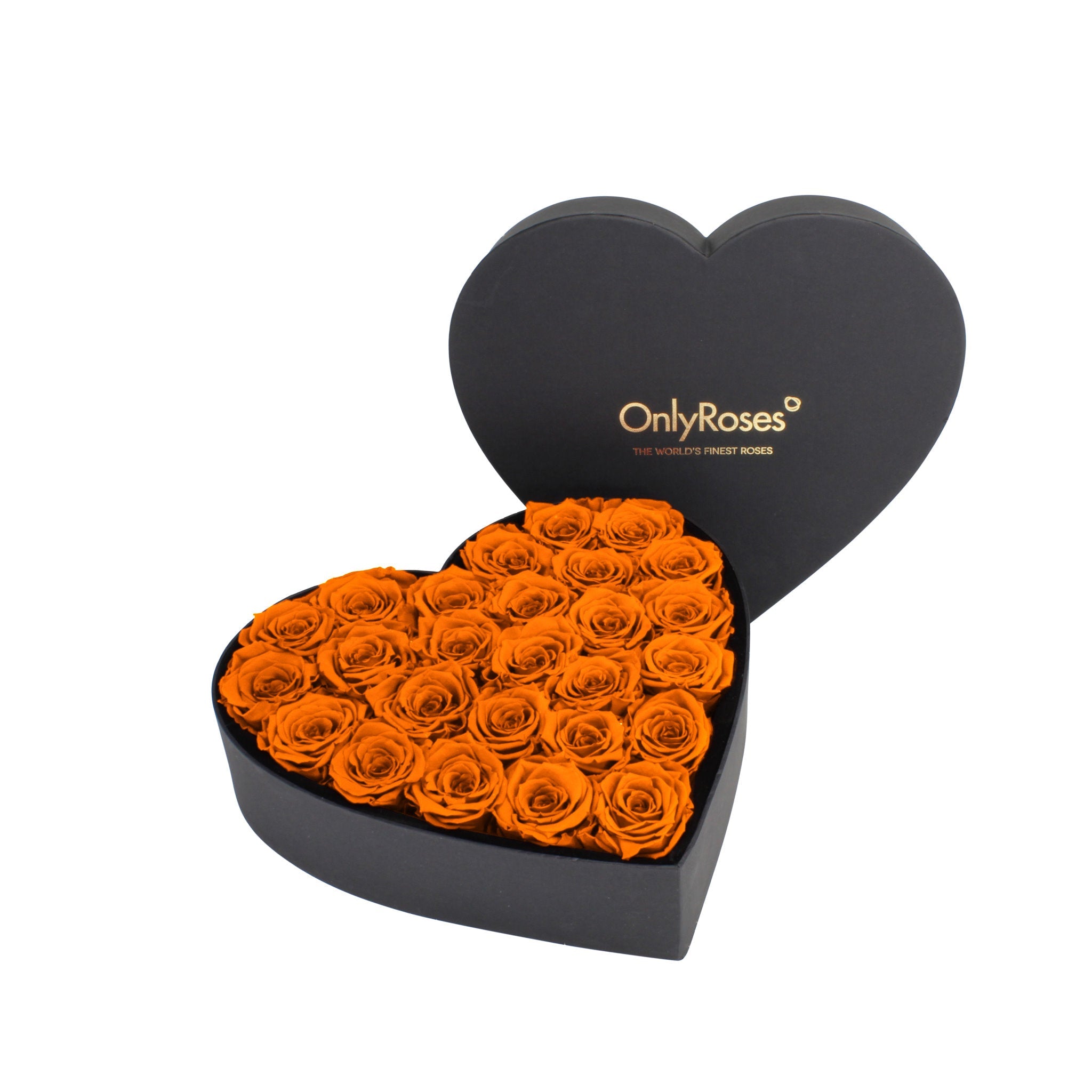 Heart-shaped box of orange roses with 'OnlyRoses' branding on a white background