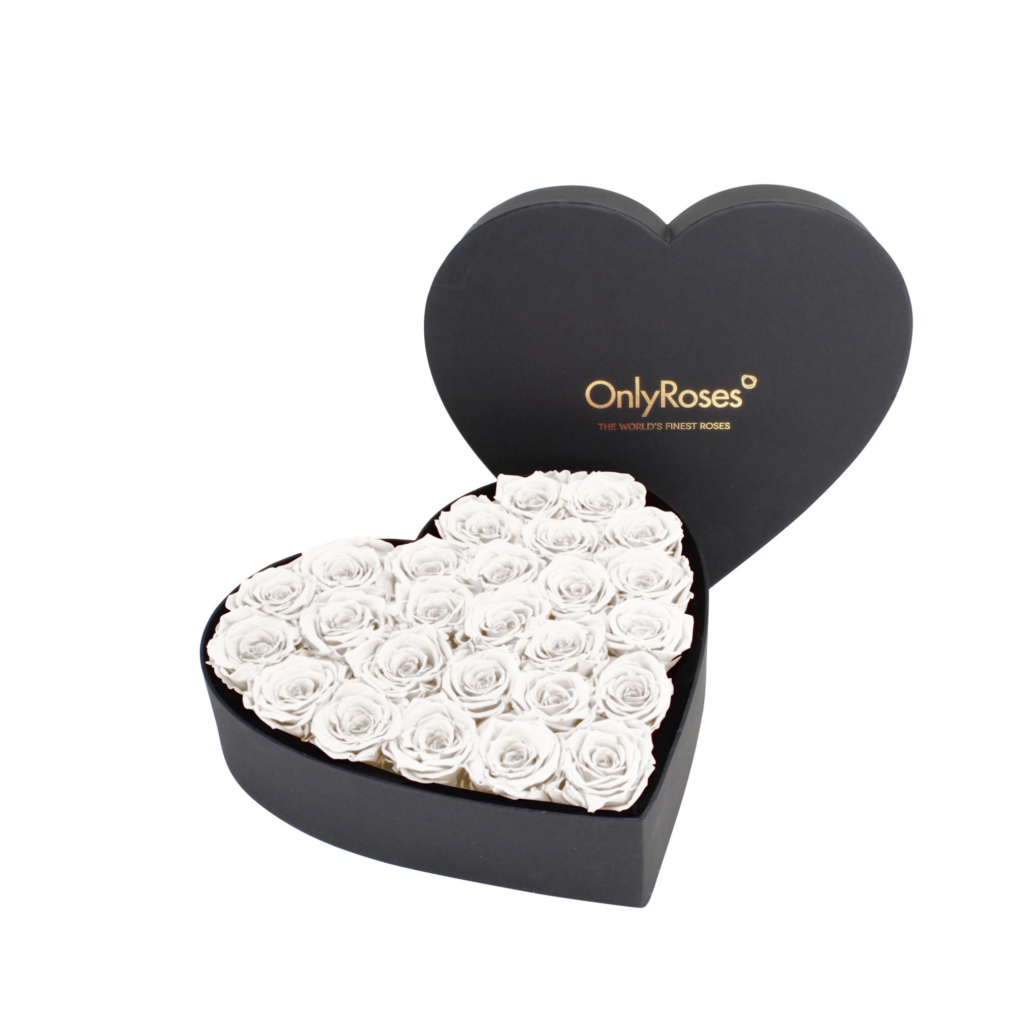 Heart-shaped box of white roses with 'OnlyRoses' branding on a white background