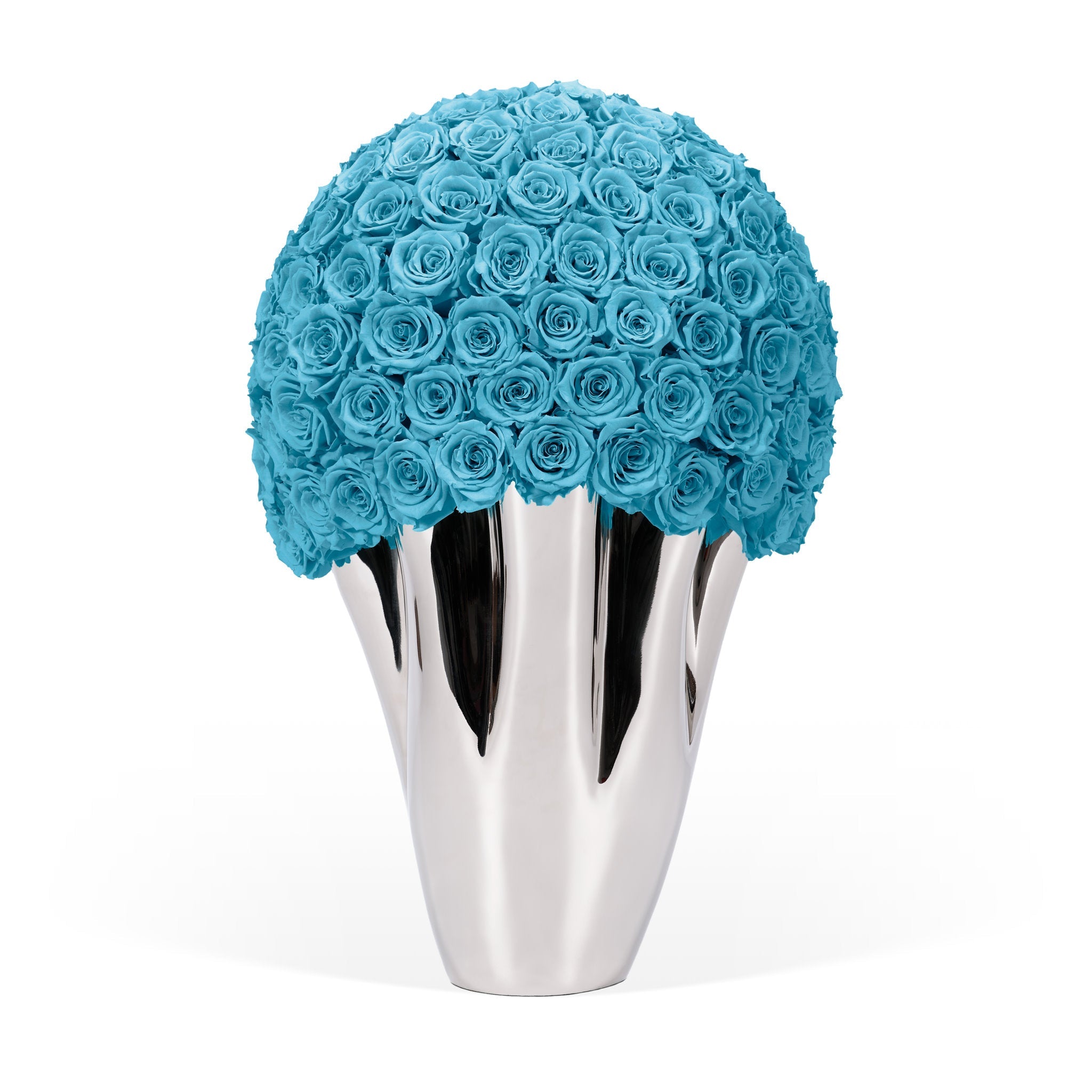 Silver vase with blue roses on a white background
