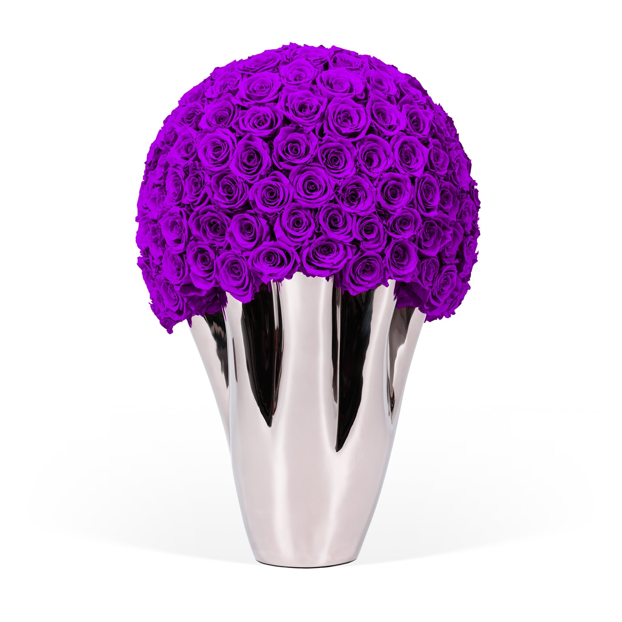 Silver vase with purple flowers on a white background