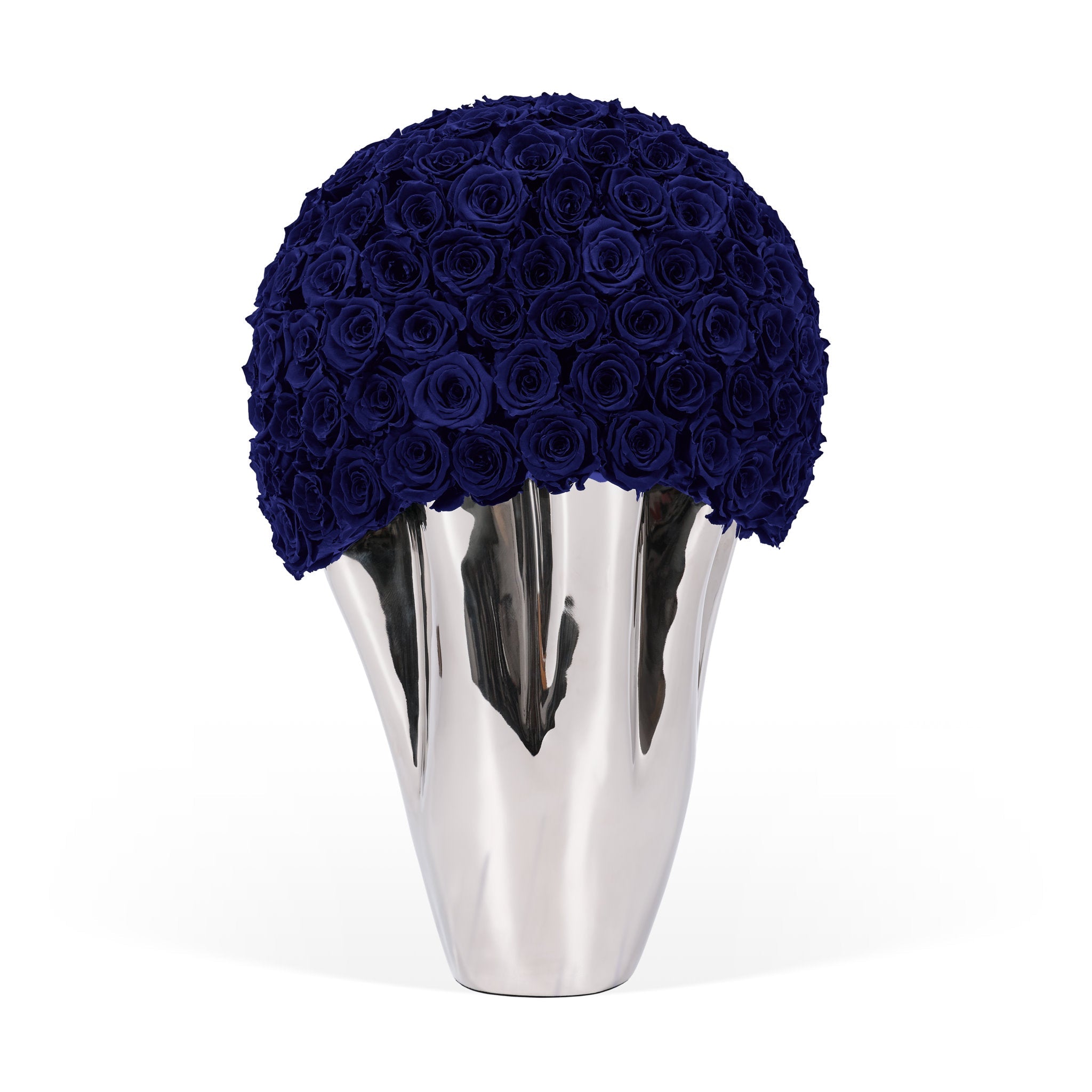 Silver vase with a large ball of royal roses on a white background