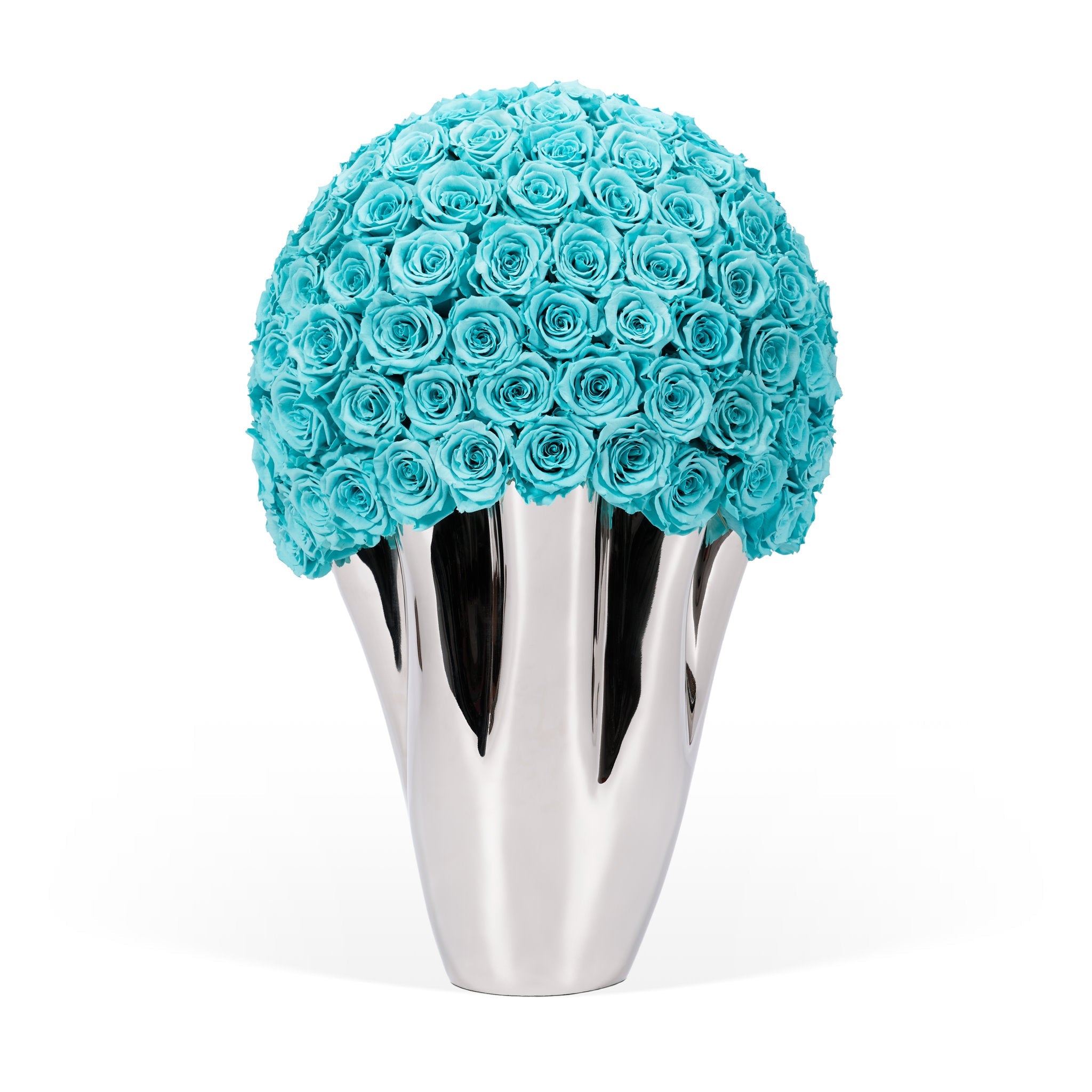 Silver vase with turquoise roses on a white background