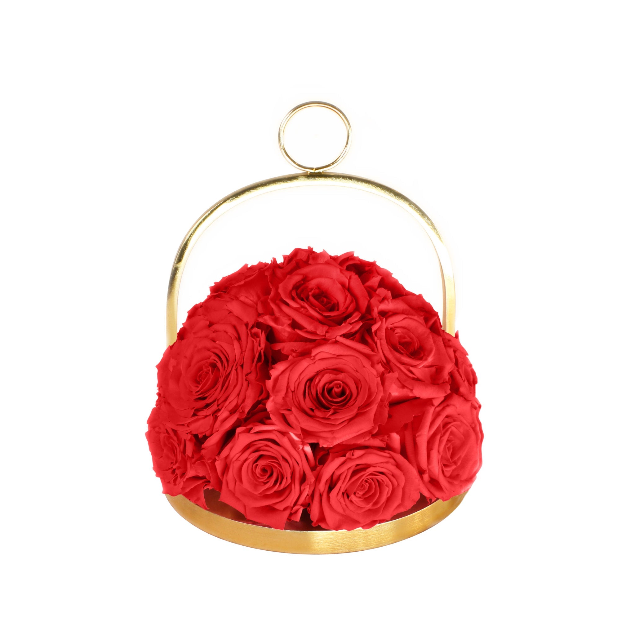 Gold basket with red roses on a white background