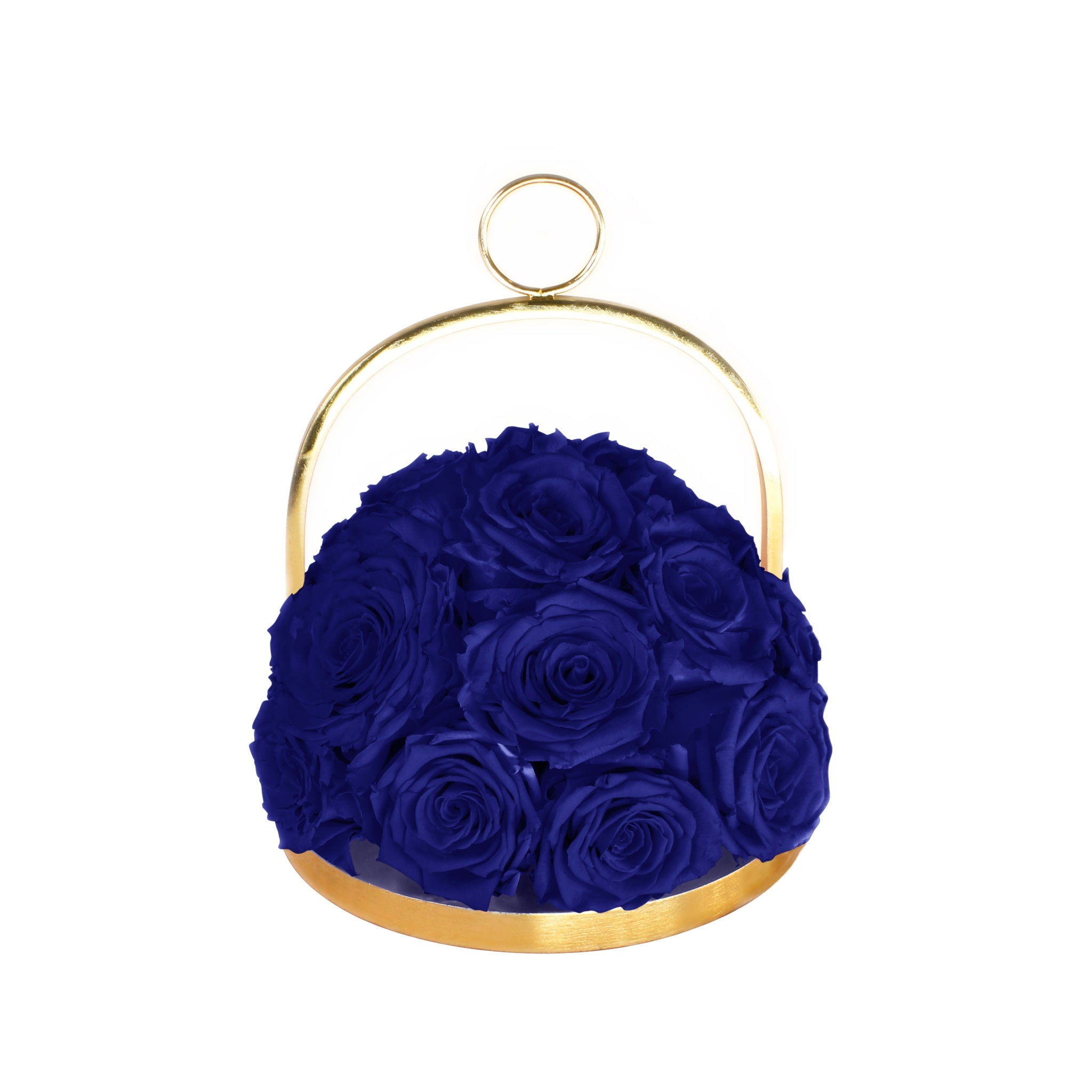 Gold basket with blue roses on a white background