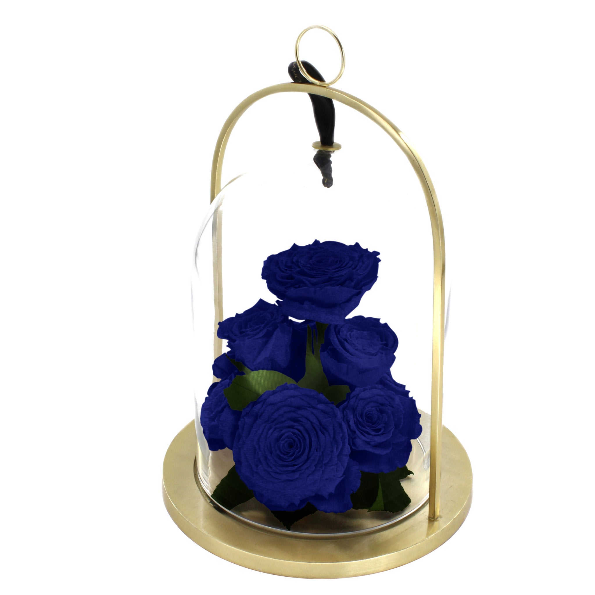 Gold holder with blue roses on a white background