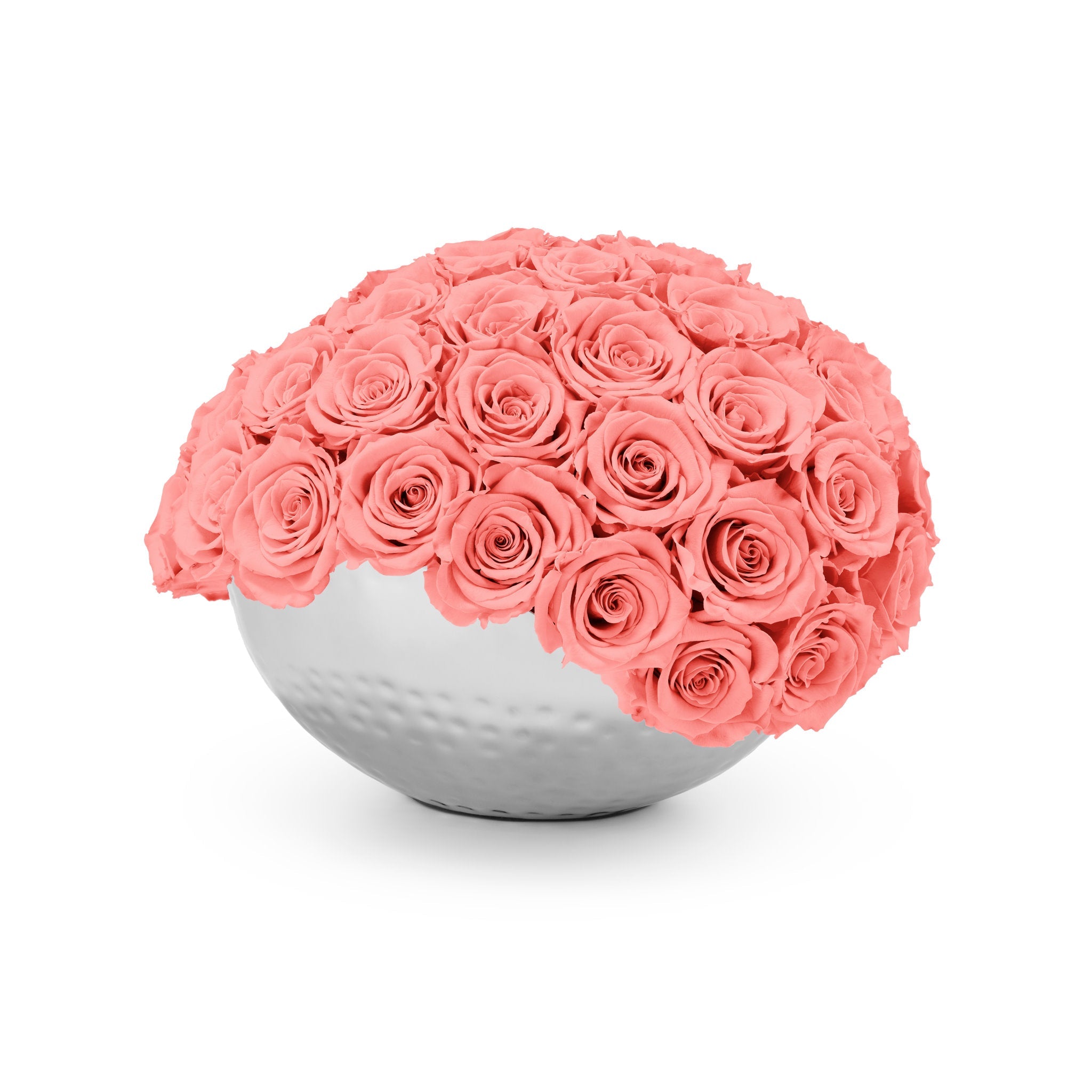 Bouquet of pink roses in a silver bowl on a white background