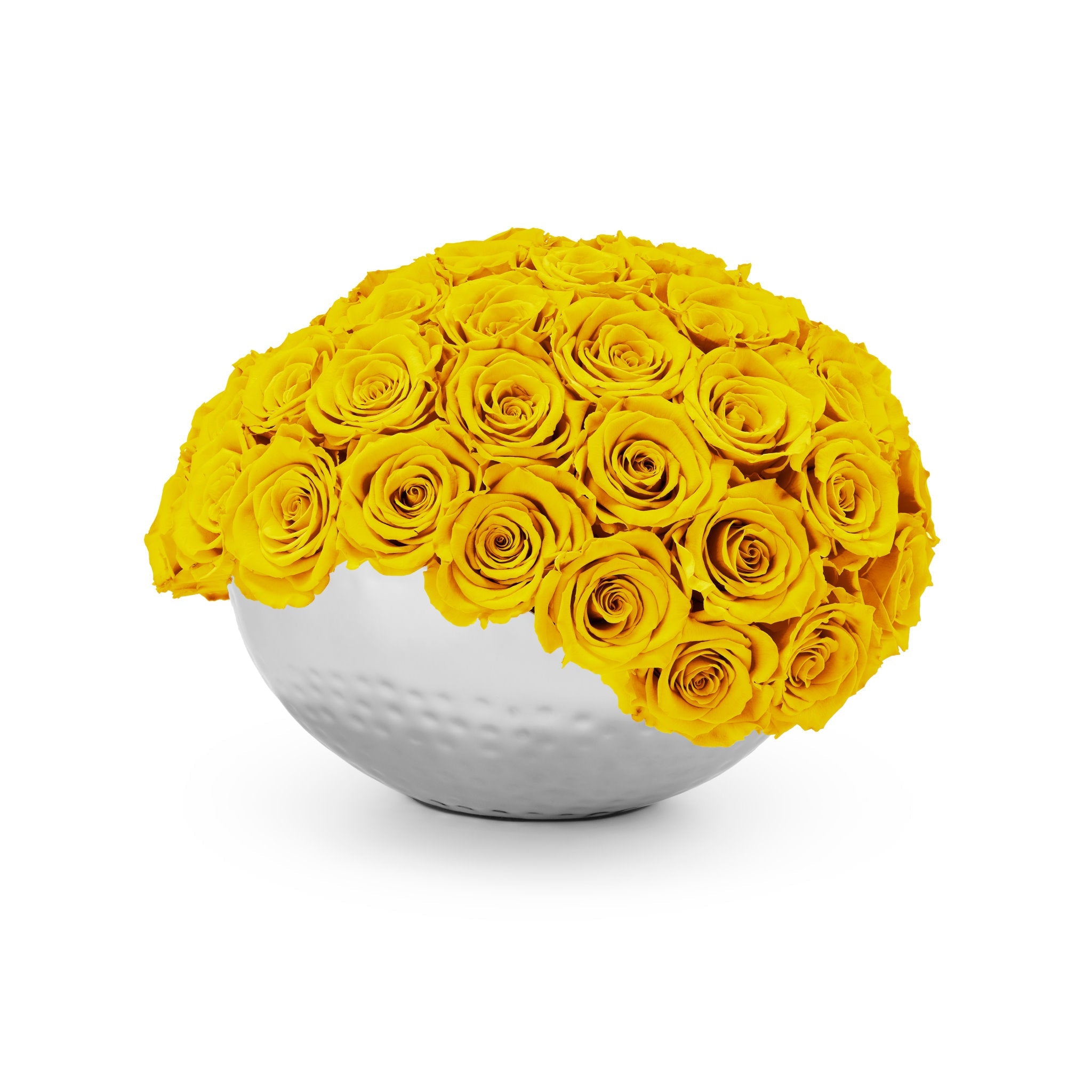 White spherical vase filled with yellow roses on a white background