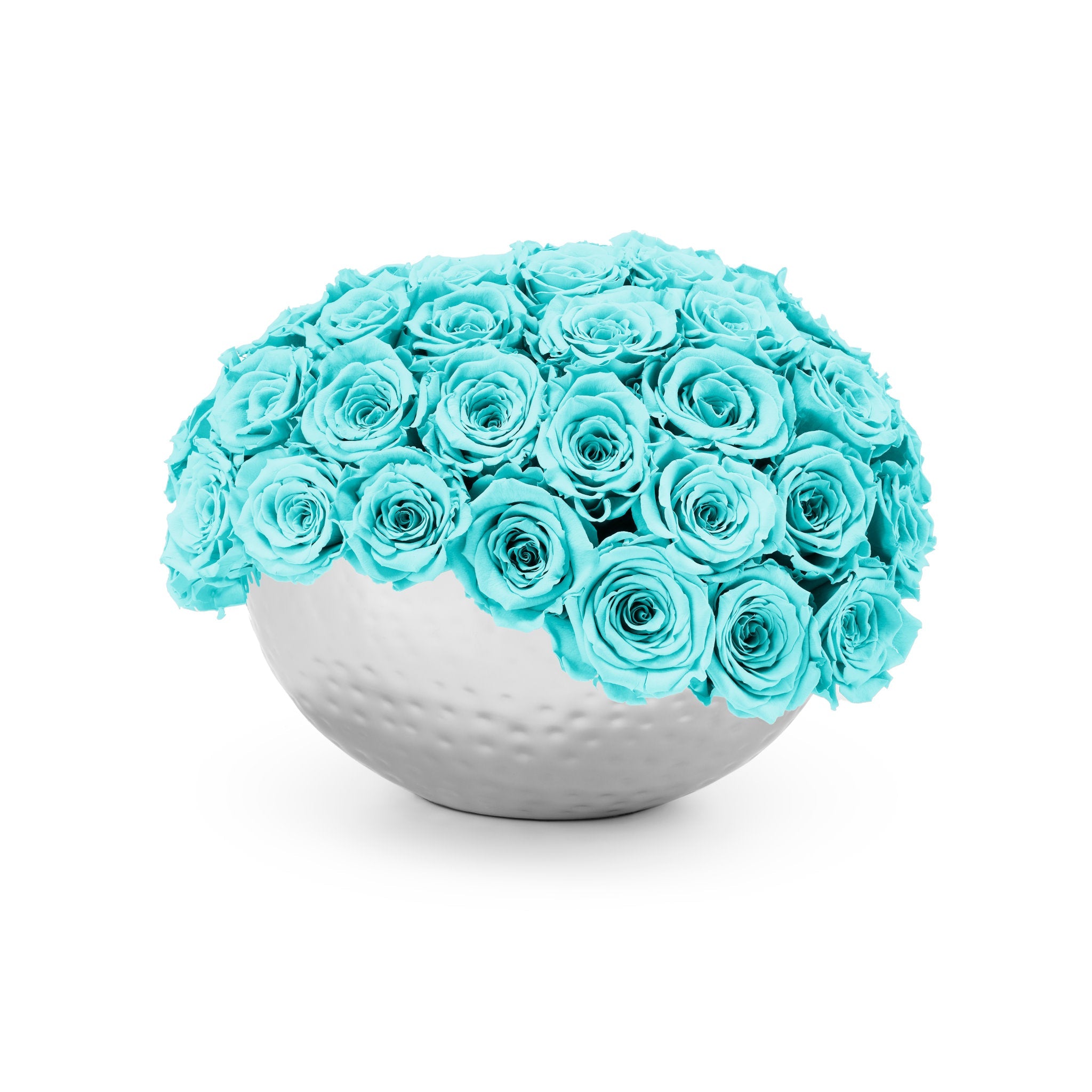 Bouquet of turquoise roses in a white vase on a white background