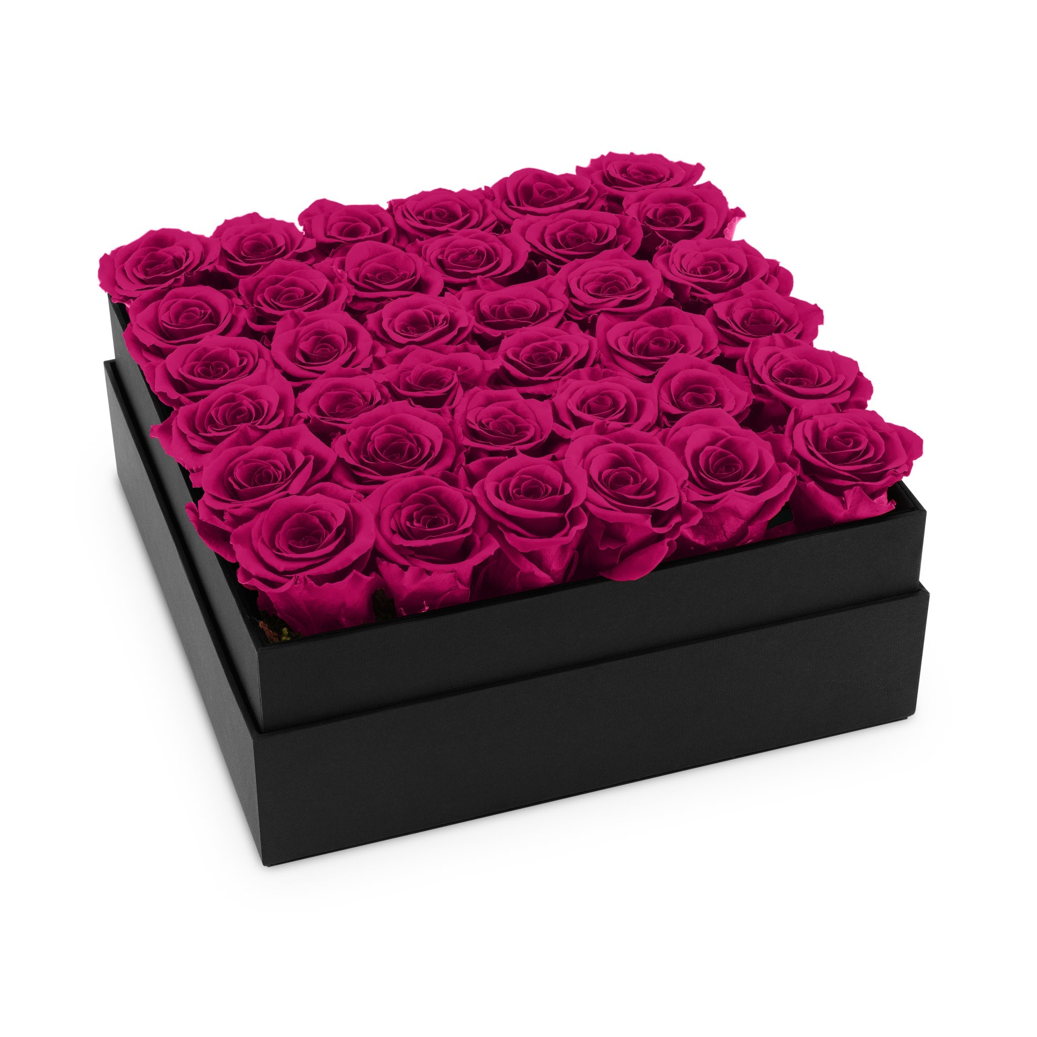 Black box filled with pink roses on a white background