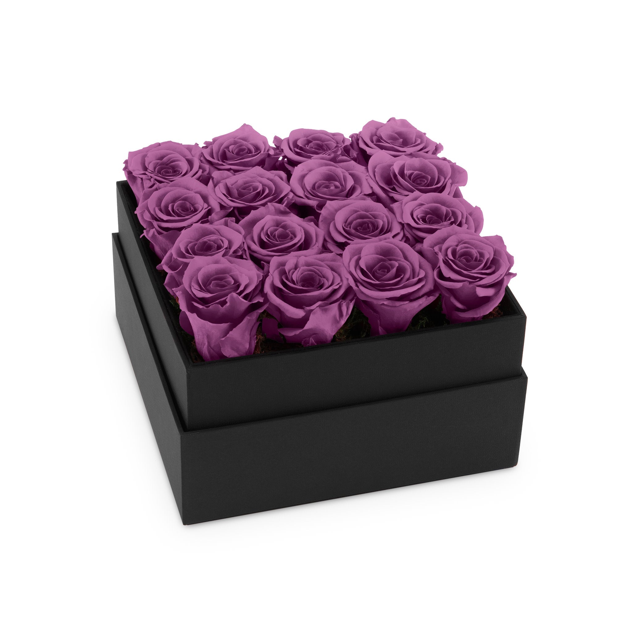 Black box with purple roses on a white background