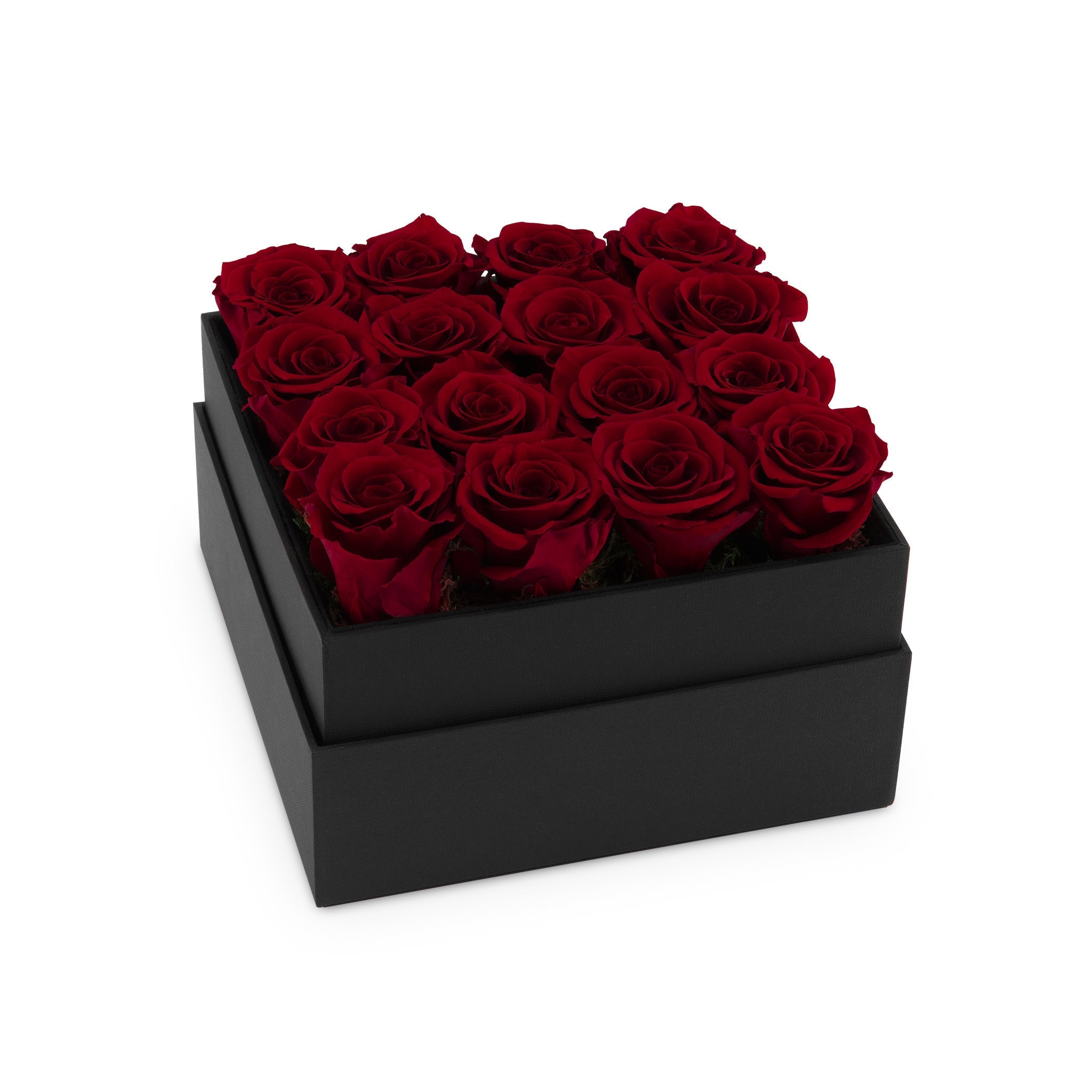 Black box with red roses on a white background
