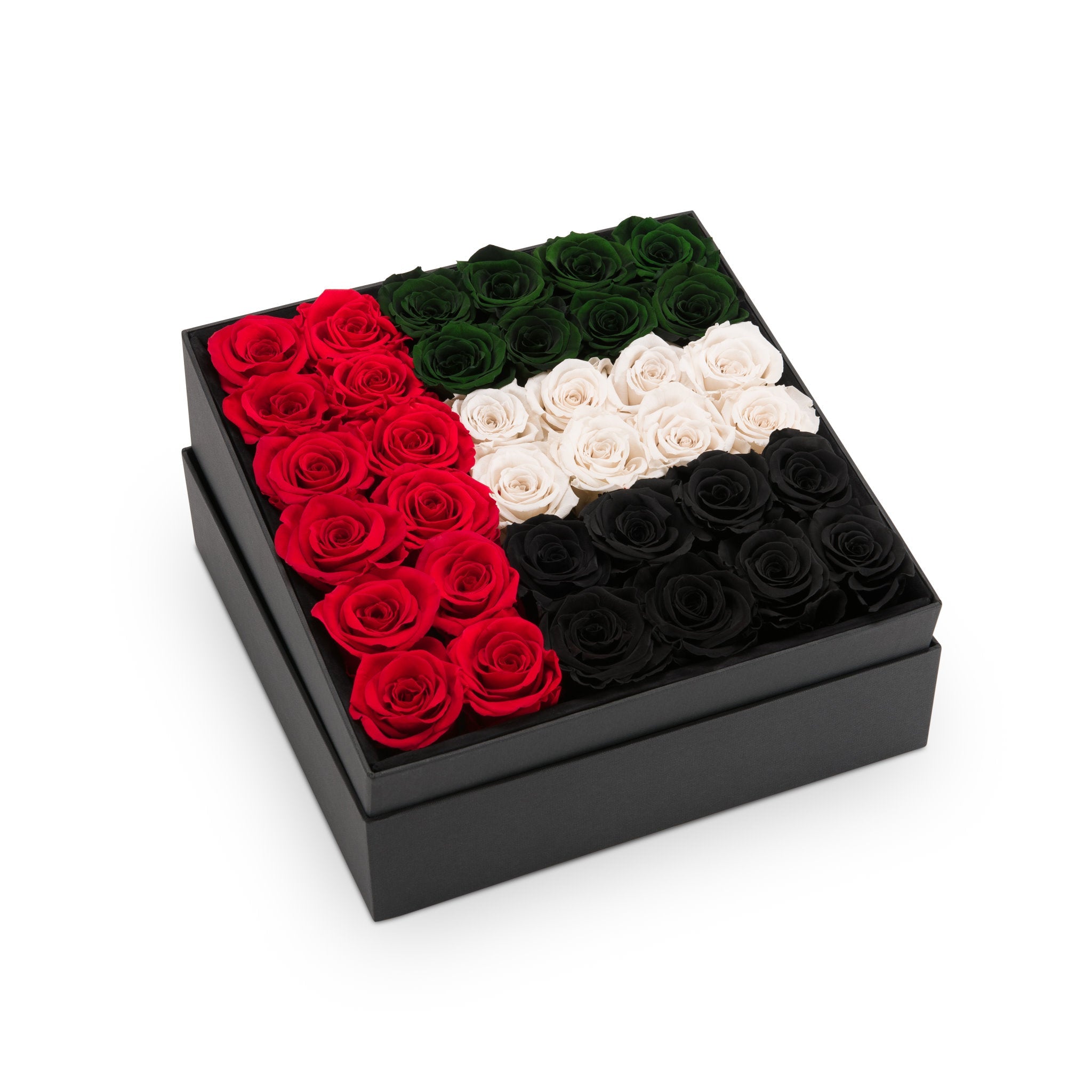 Box of roses arranged to resemble the United Arab Emirates flag on a white background