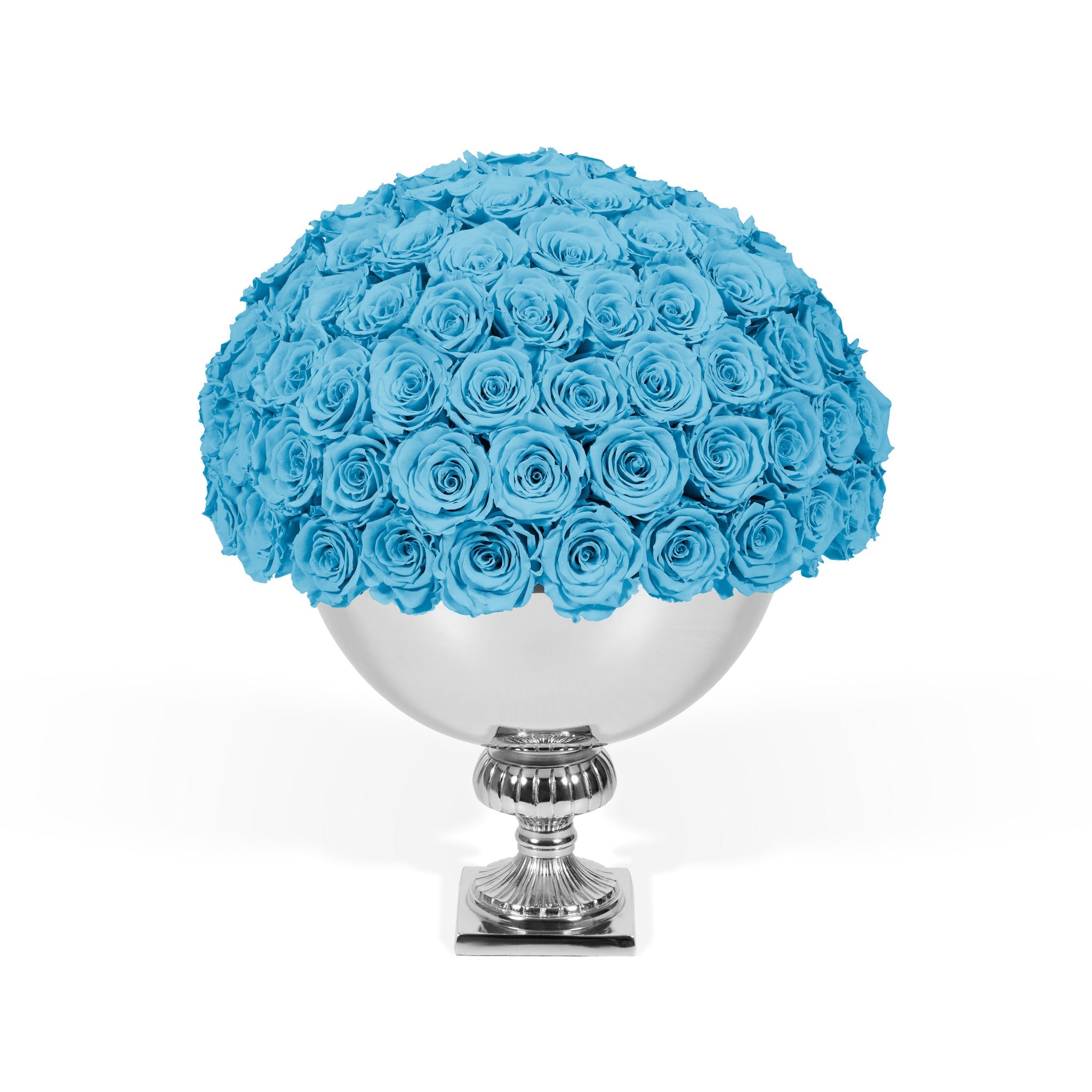Bouquet of blue roses in a silver vase on a white background