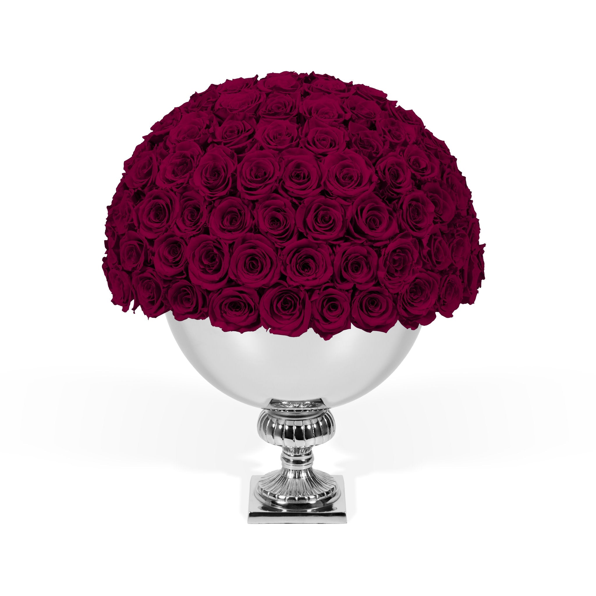 Bouquet of red roses in a silver vase on a white background