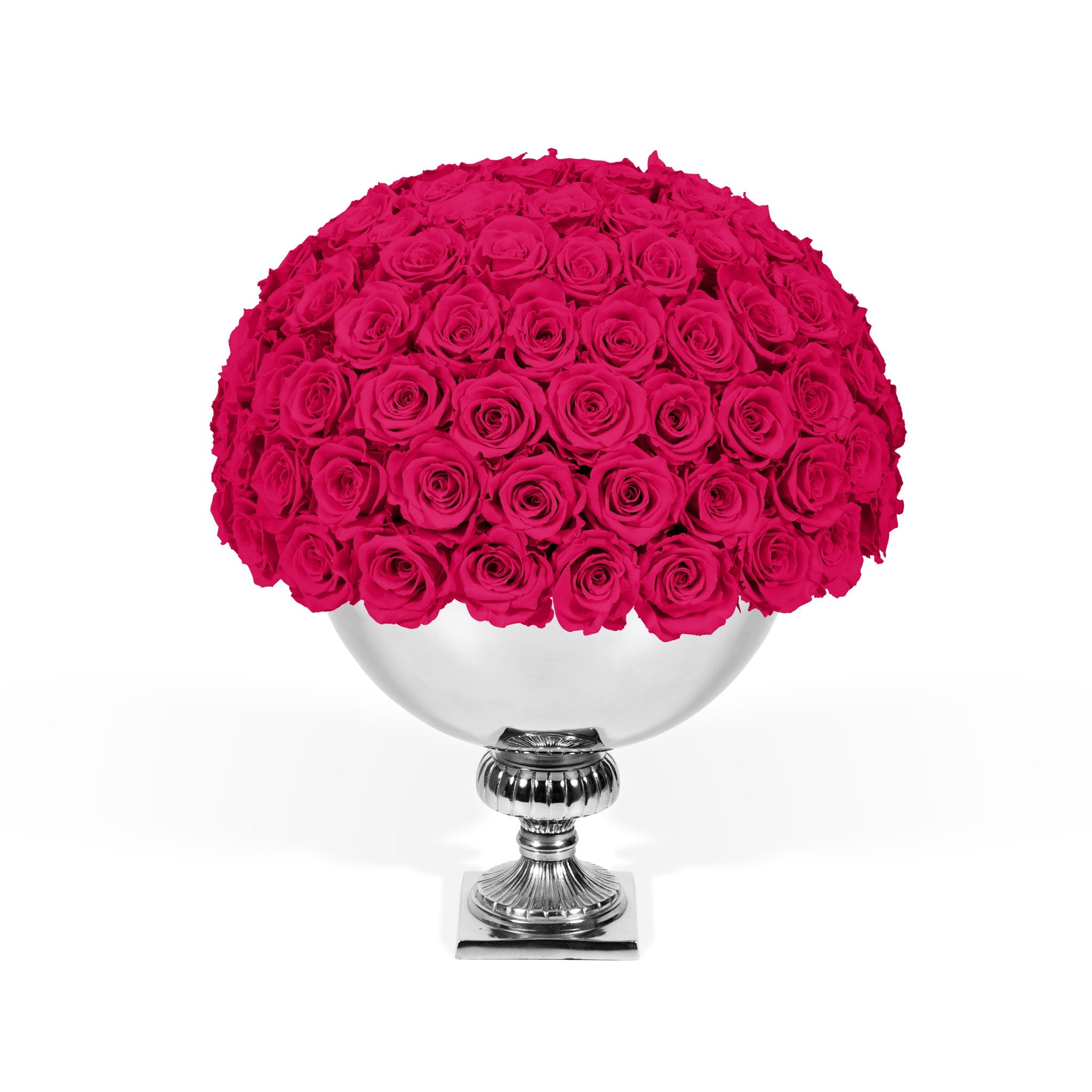 Bouquet of pink roses in a silver vase on a white background