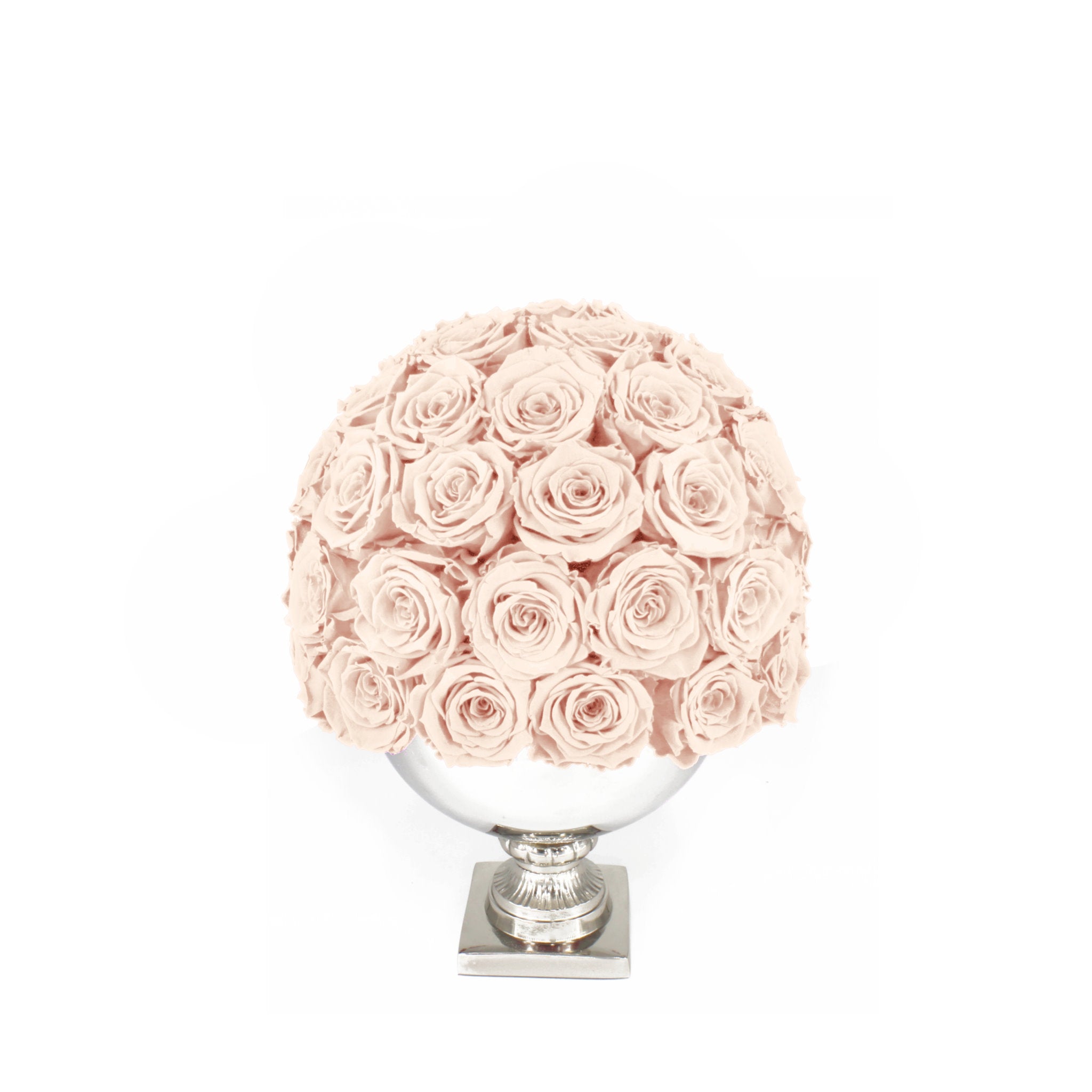 Bouquet of pink roses in a decorative container on a white background