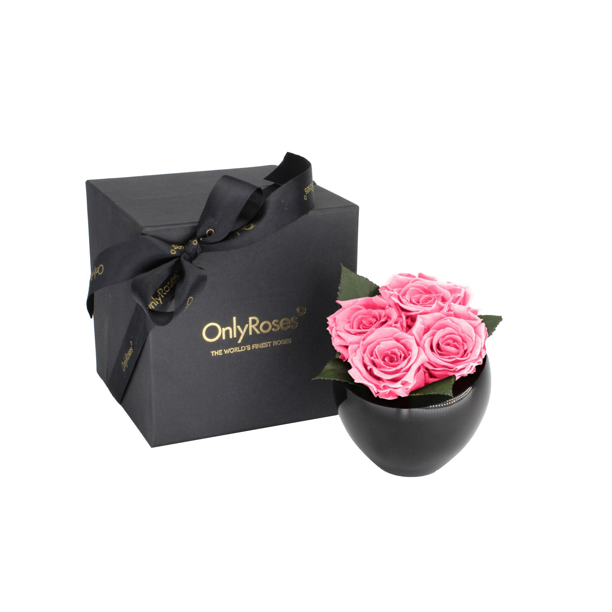 Black gift box with 'Only Roses' branding next to a black vase with pink roses on a white background