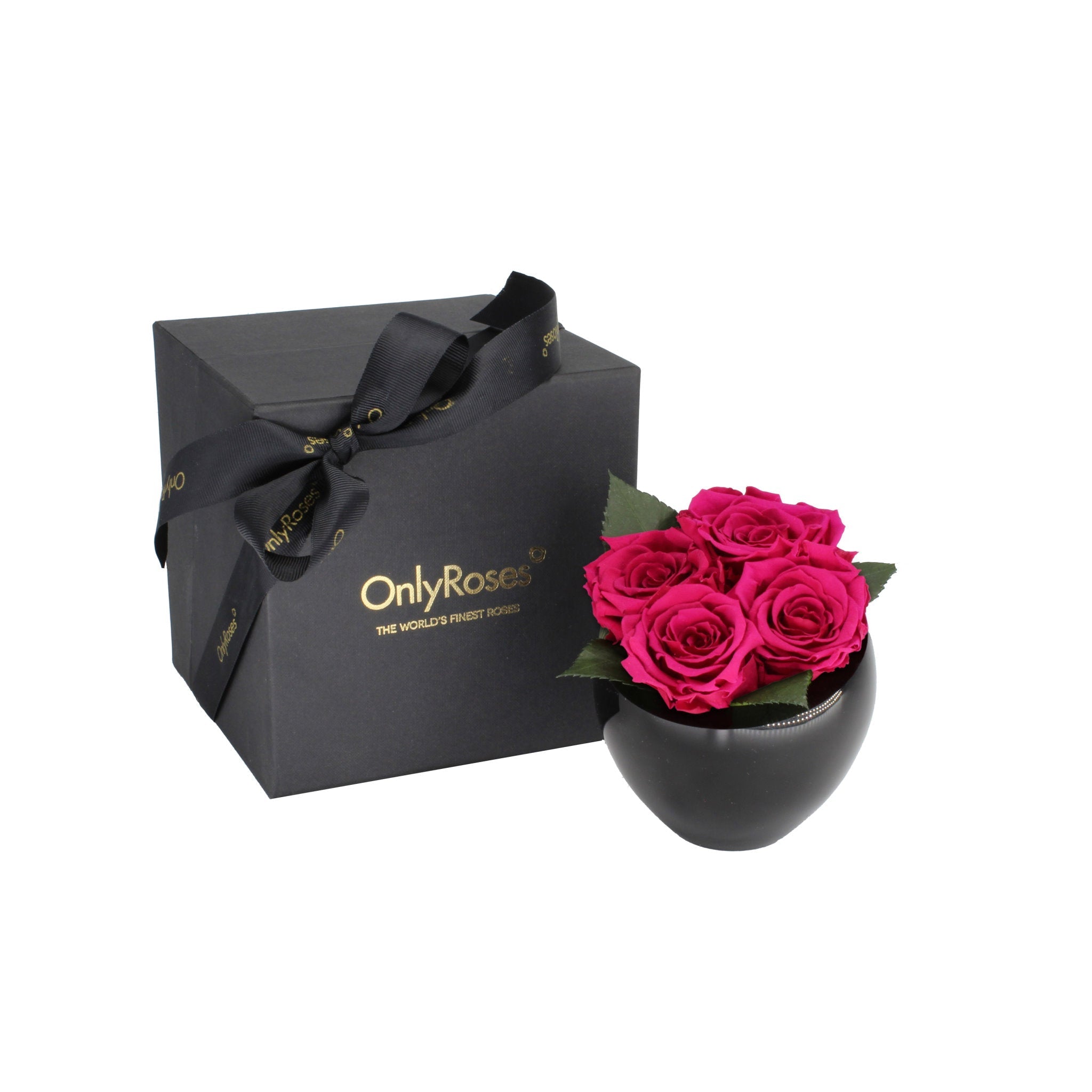Black gift box with 'Only Roses' branding next to a black vase with pink roses on a white background