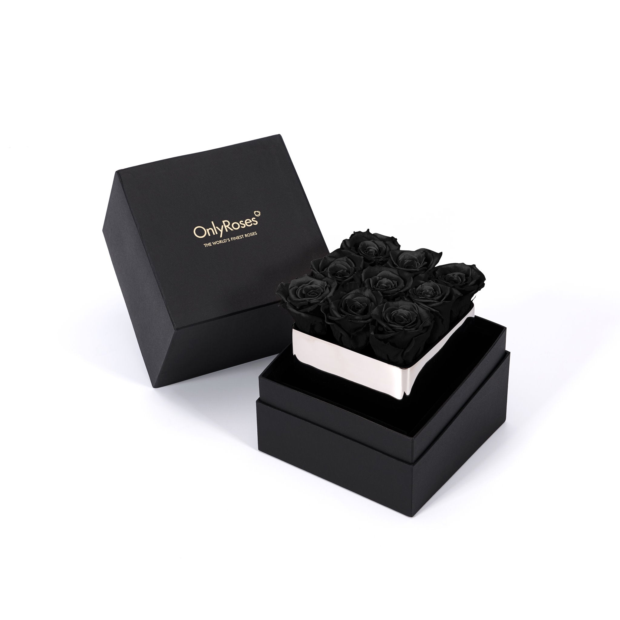 Black box with black roses and 'Only Roses' branding on a white background