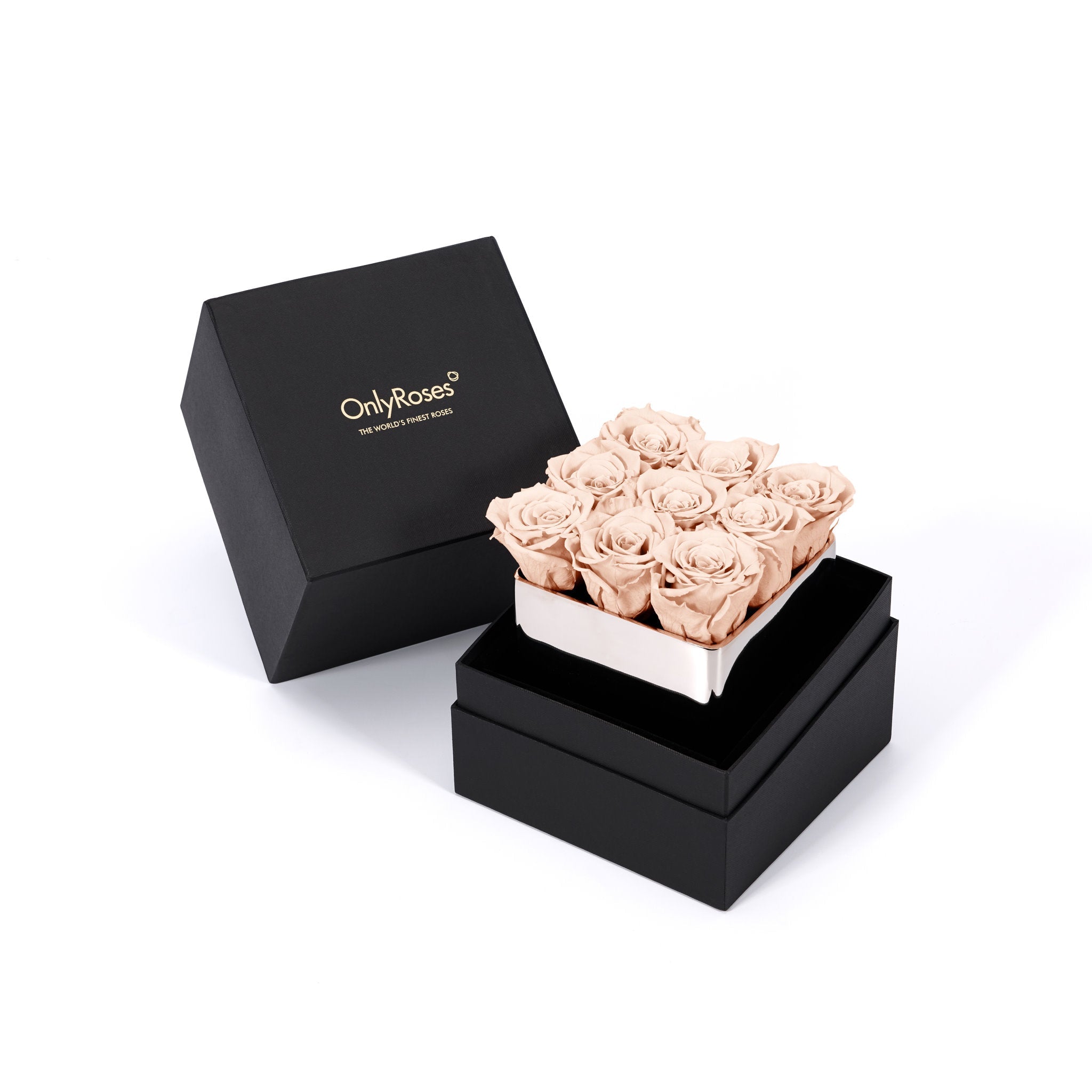 Black box with 'Only Roses' branding containing a small arrangement of beige roses on a white background.