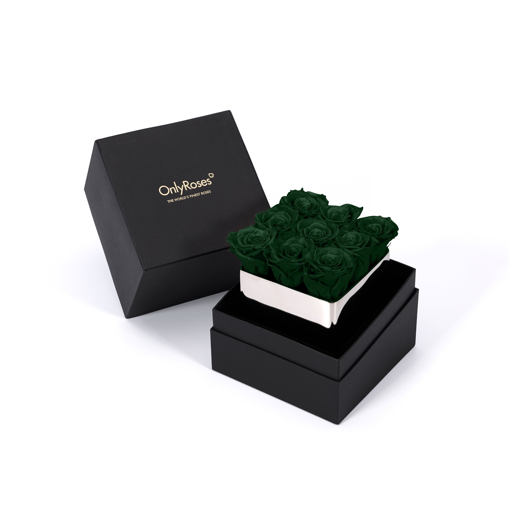 Black box with green roses and 'Only Roses' branding on a white background