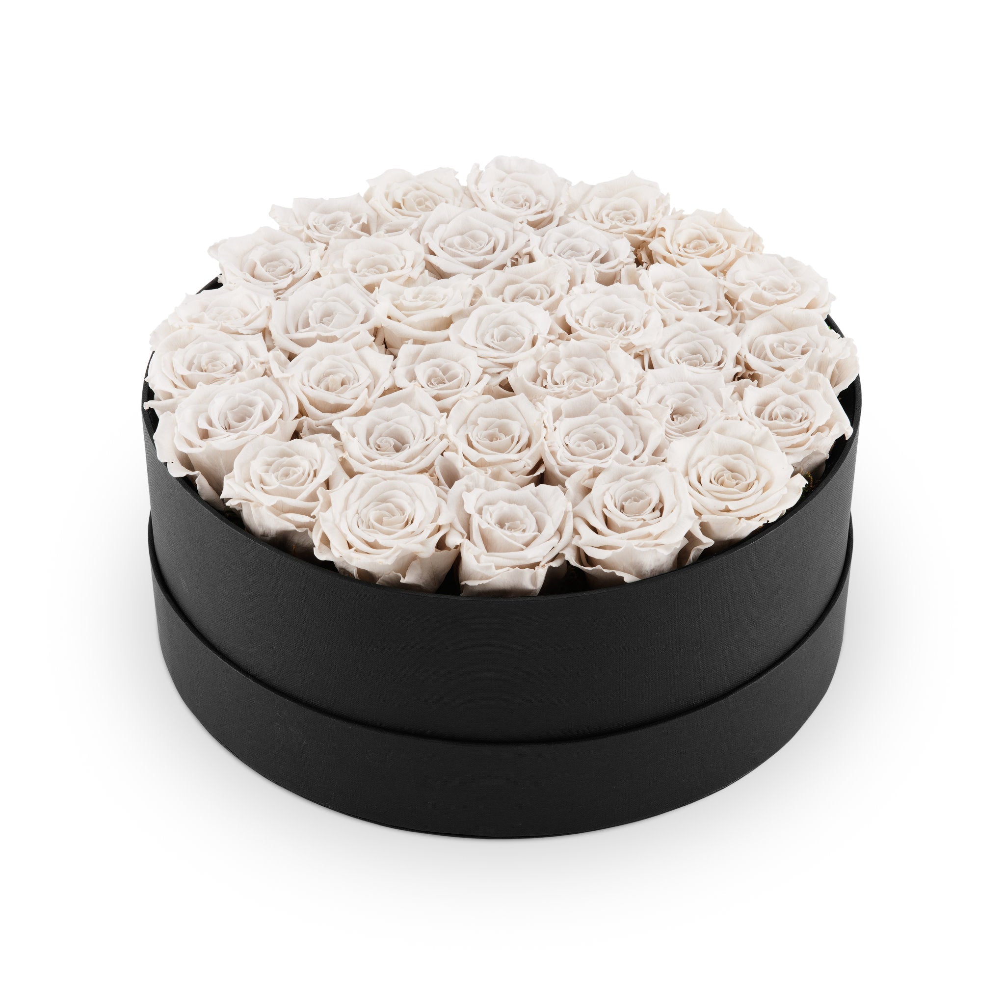 Round black box filled with white roses on a white background