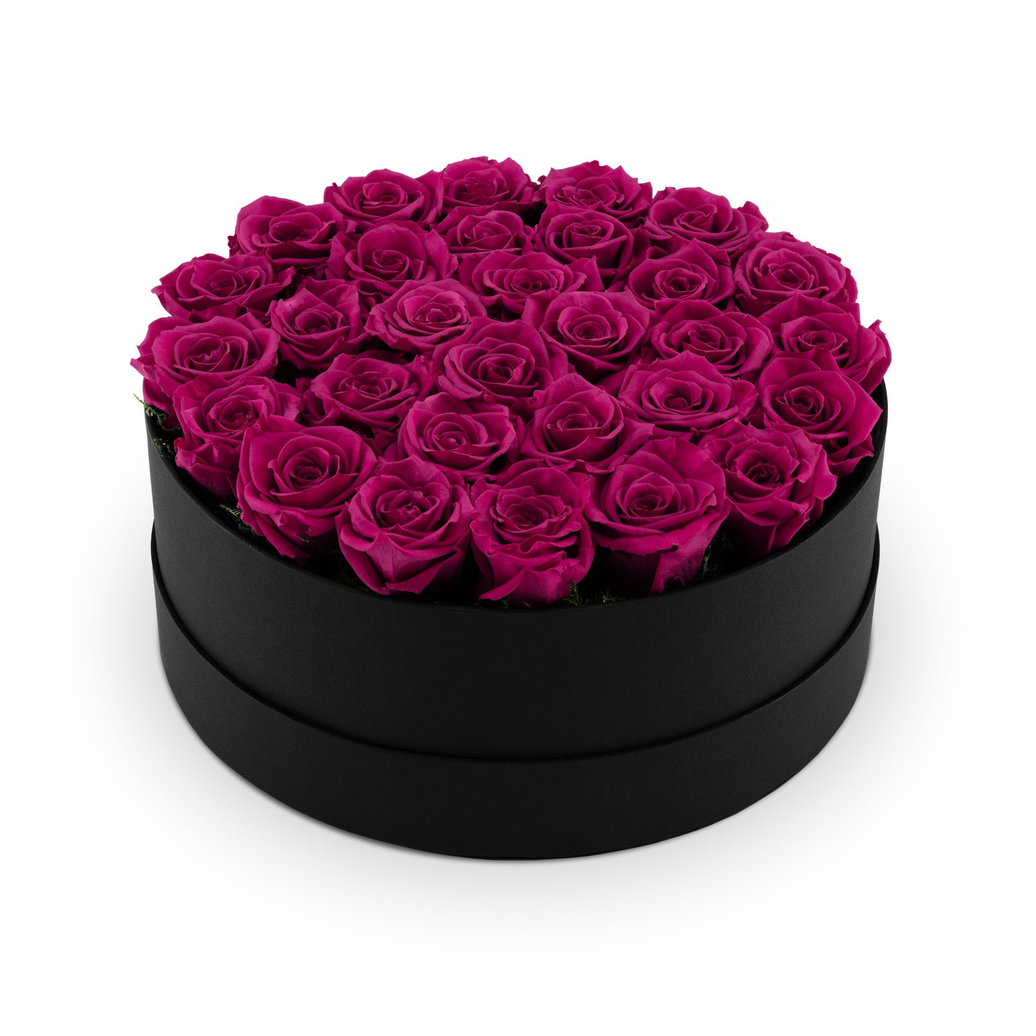 Black box filled with pink roses on a white background