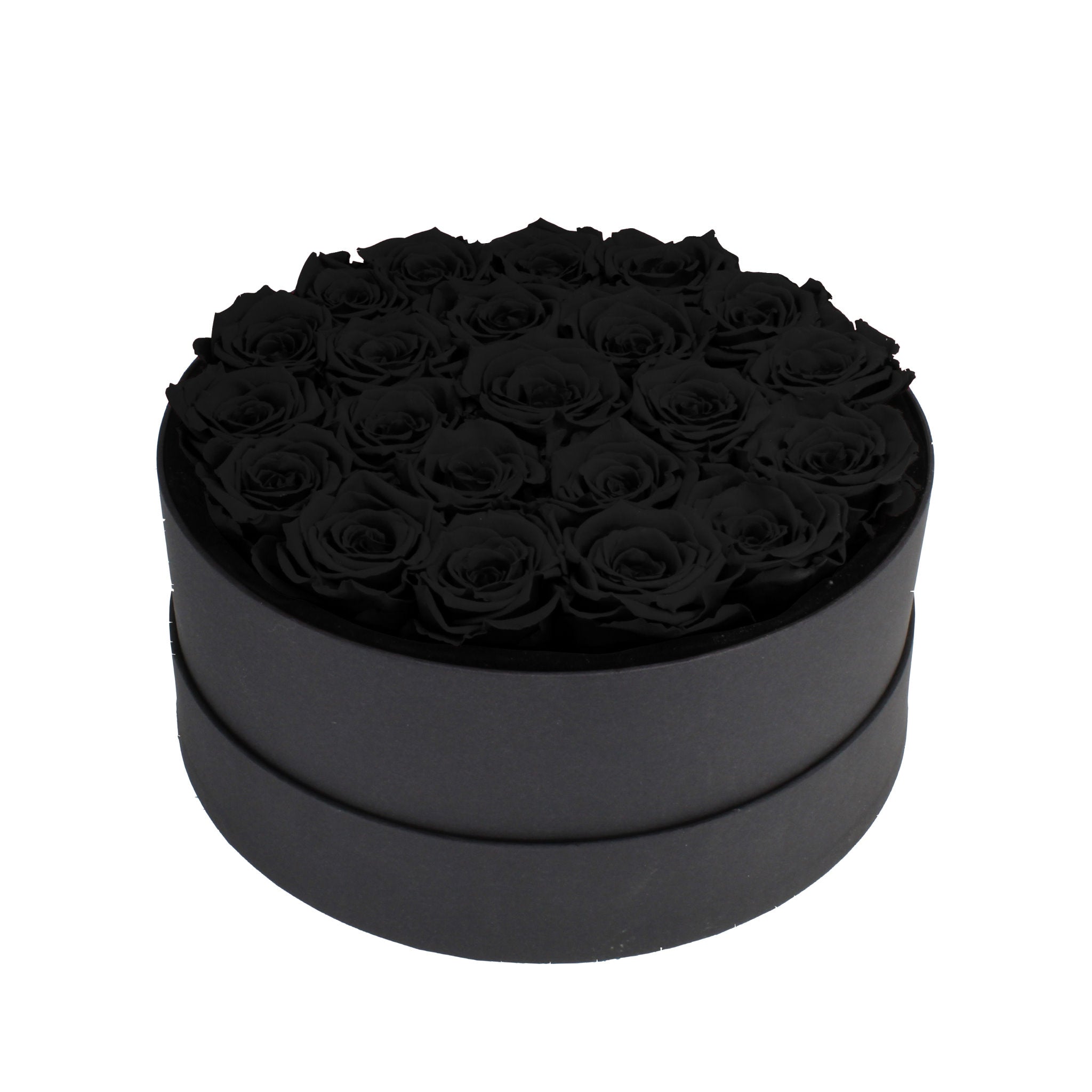 Black round box filled with black roses on a white background