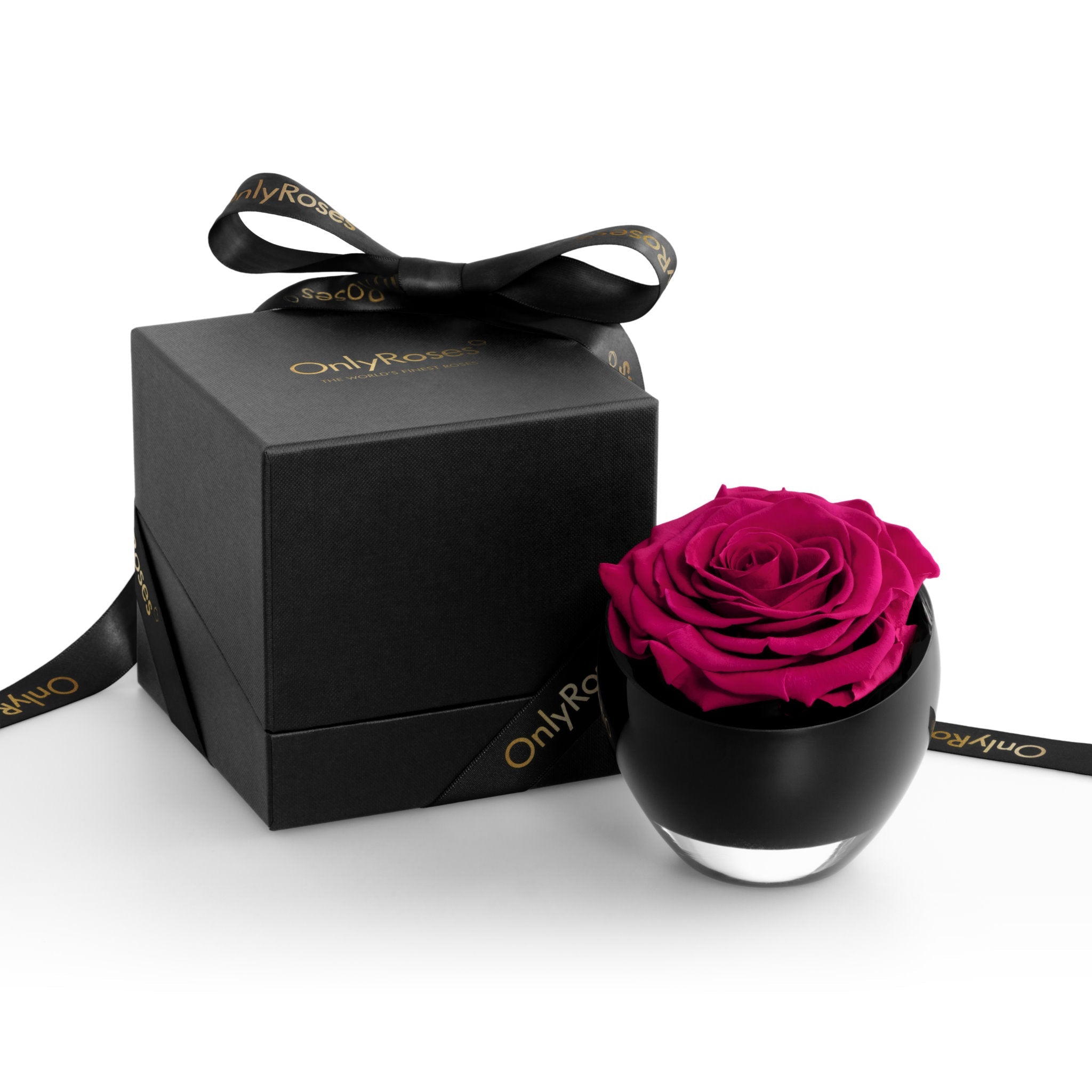 Black box with a pink rose and 'Only Roses' branding on a white background