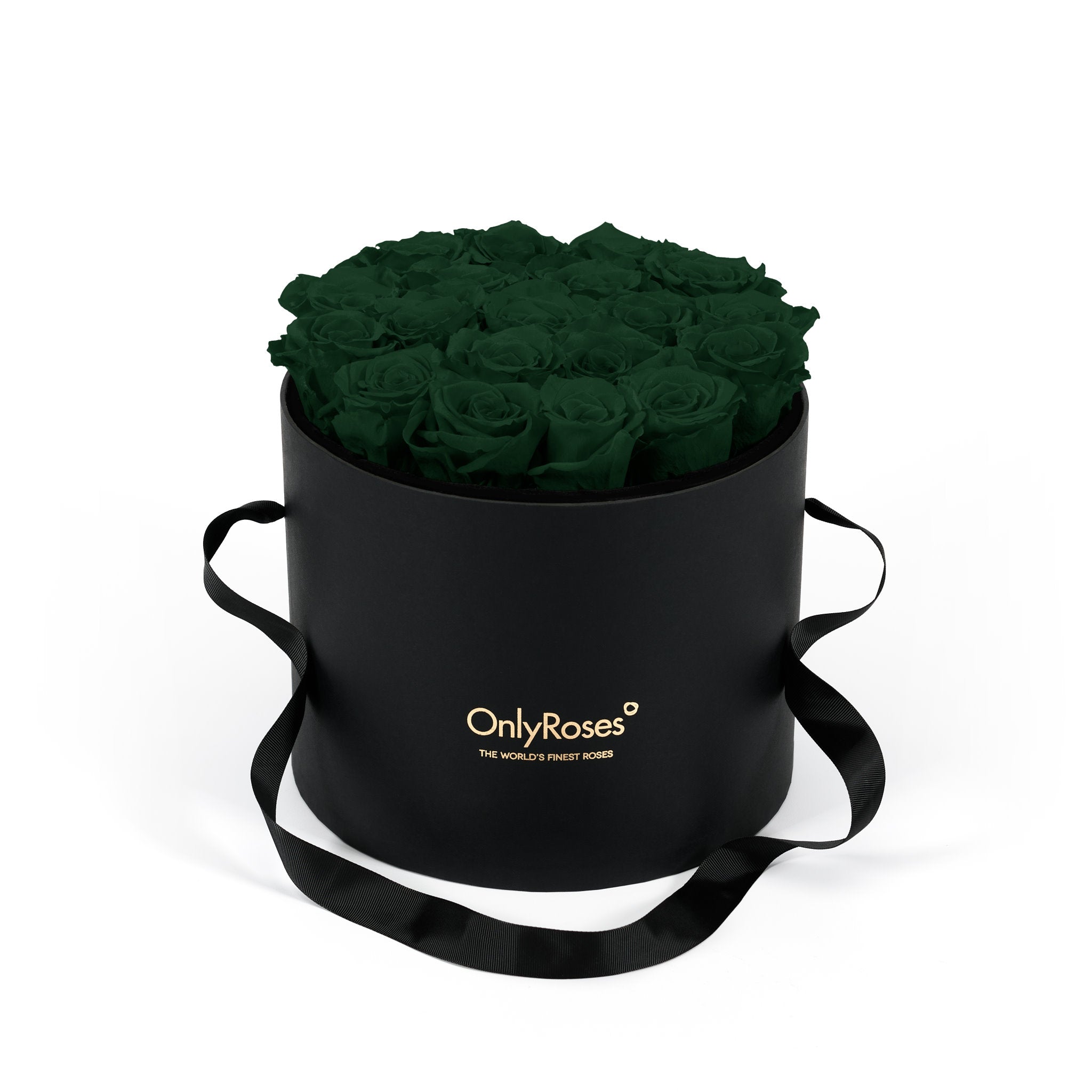 Black round box with dark green roses and 'Only Roses' logo on a white background