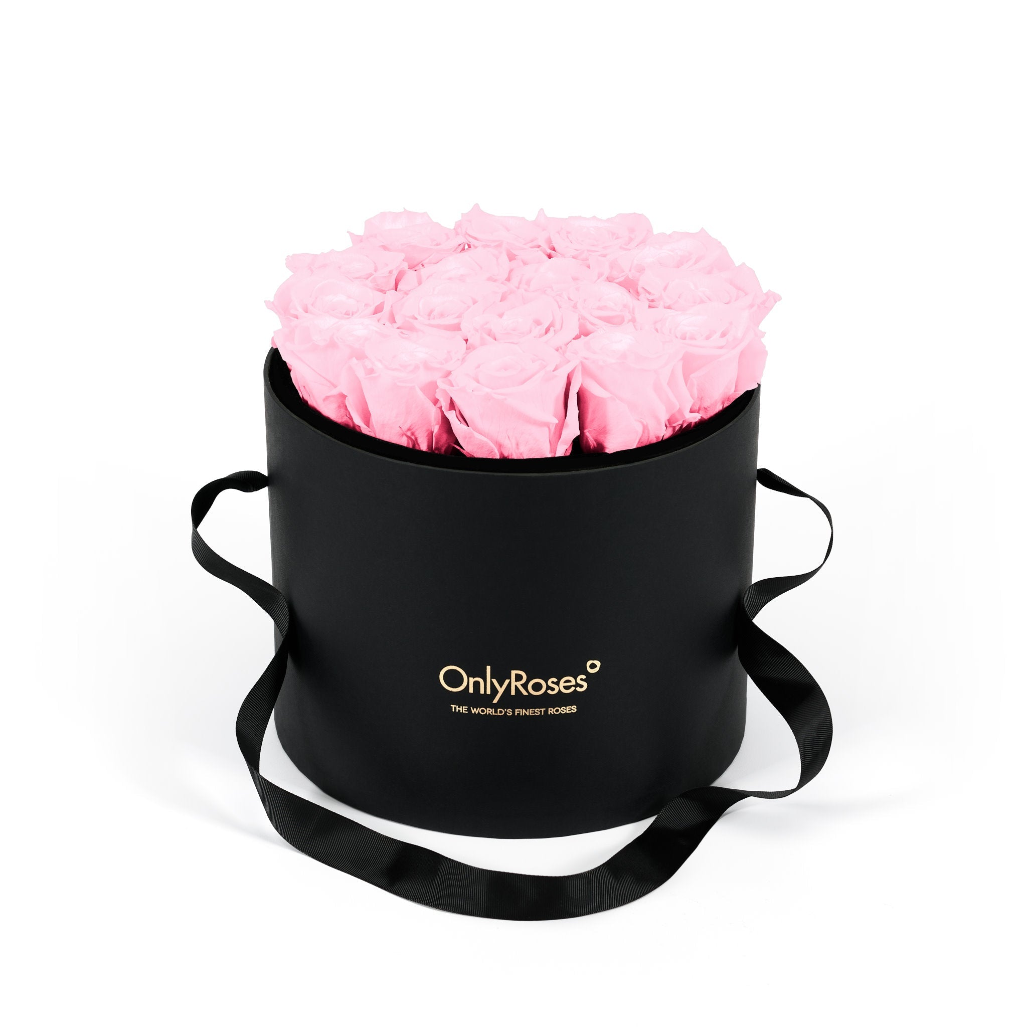 Black round box with pink roses and 'Only Roses' logo on a white background
