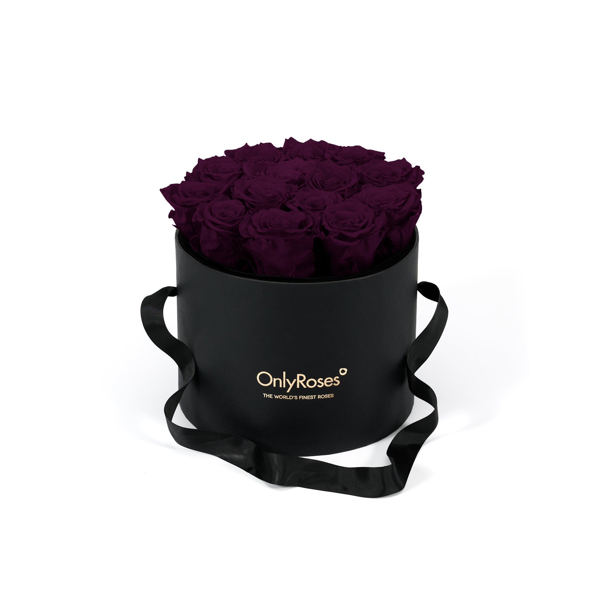 Black round box with purple roses and 'Only Roses' branding on a white background