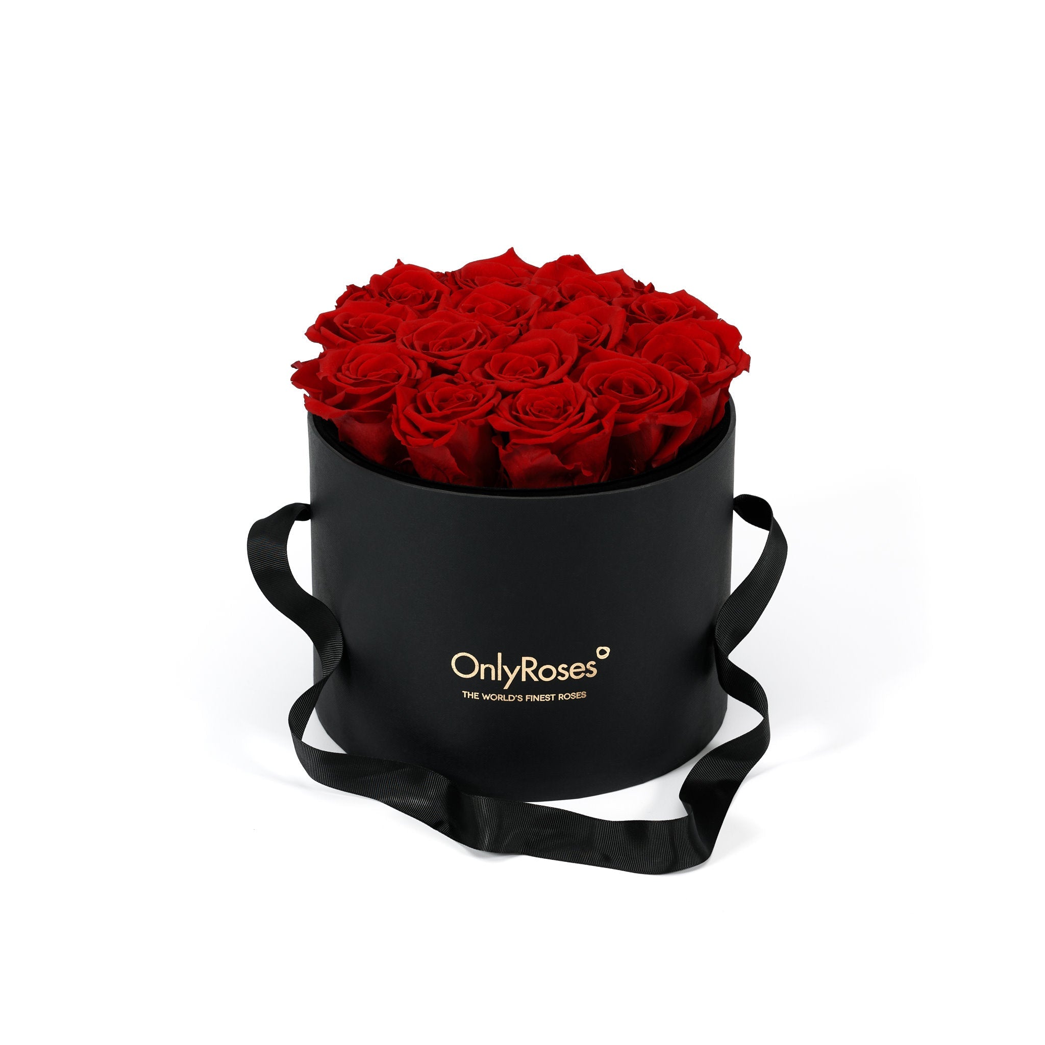 Black round box with redroses and 'Only Roses' logo on a white background