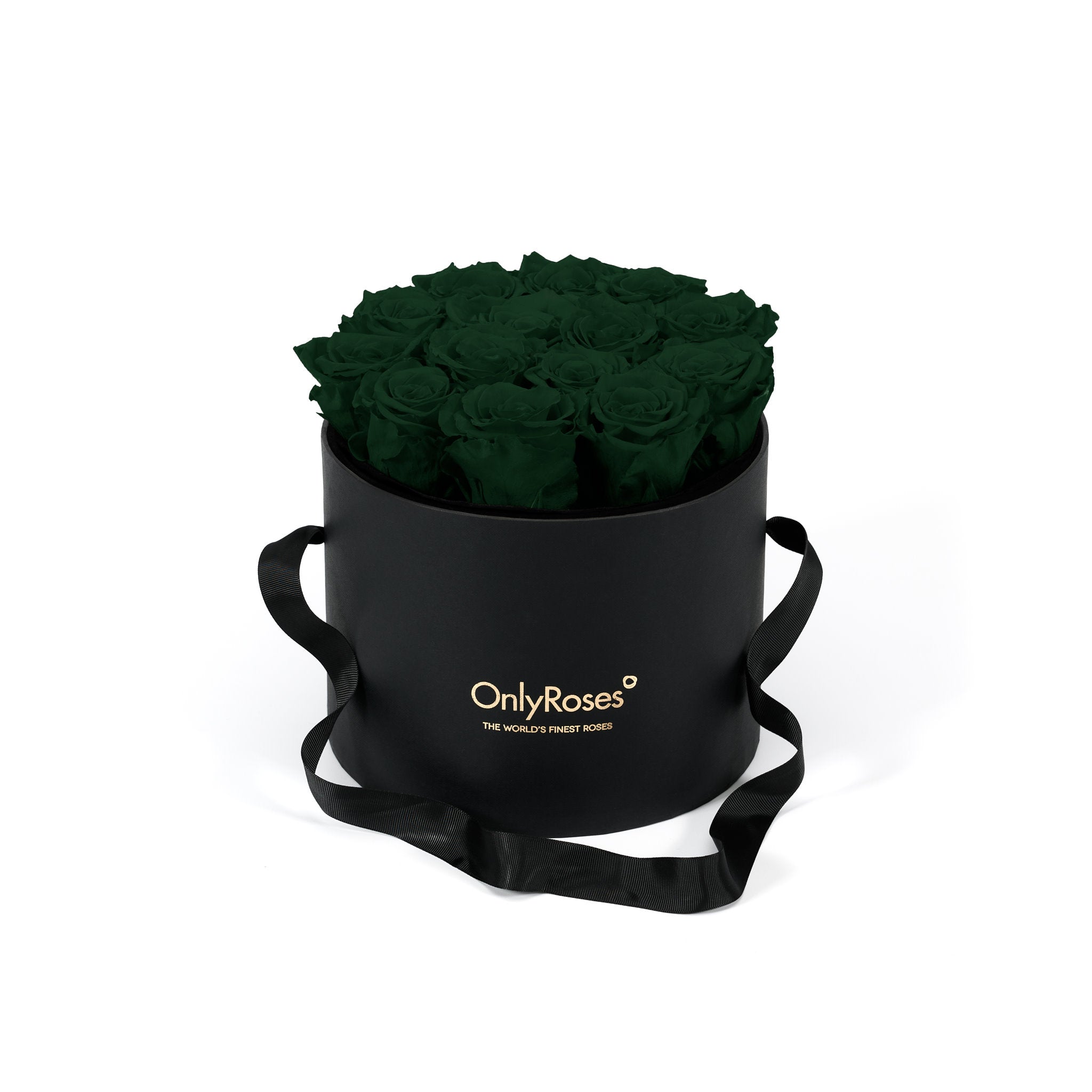Black round box with dark green roses and 'Only Roses' branding on a white background