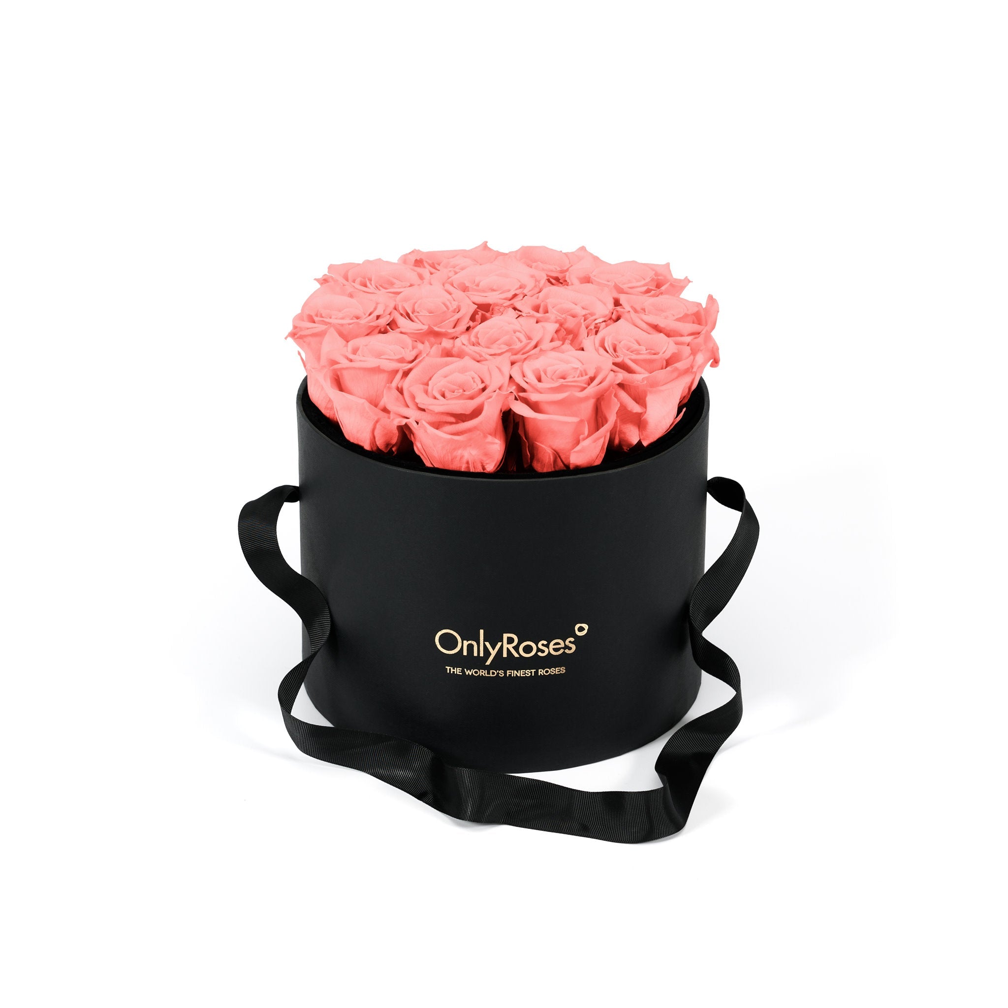 Black round box with coral pink roses and 'Only Roses' branding on a white background