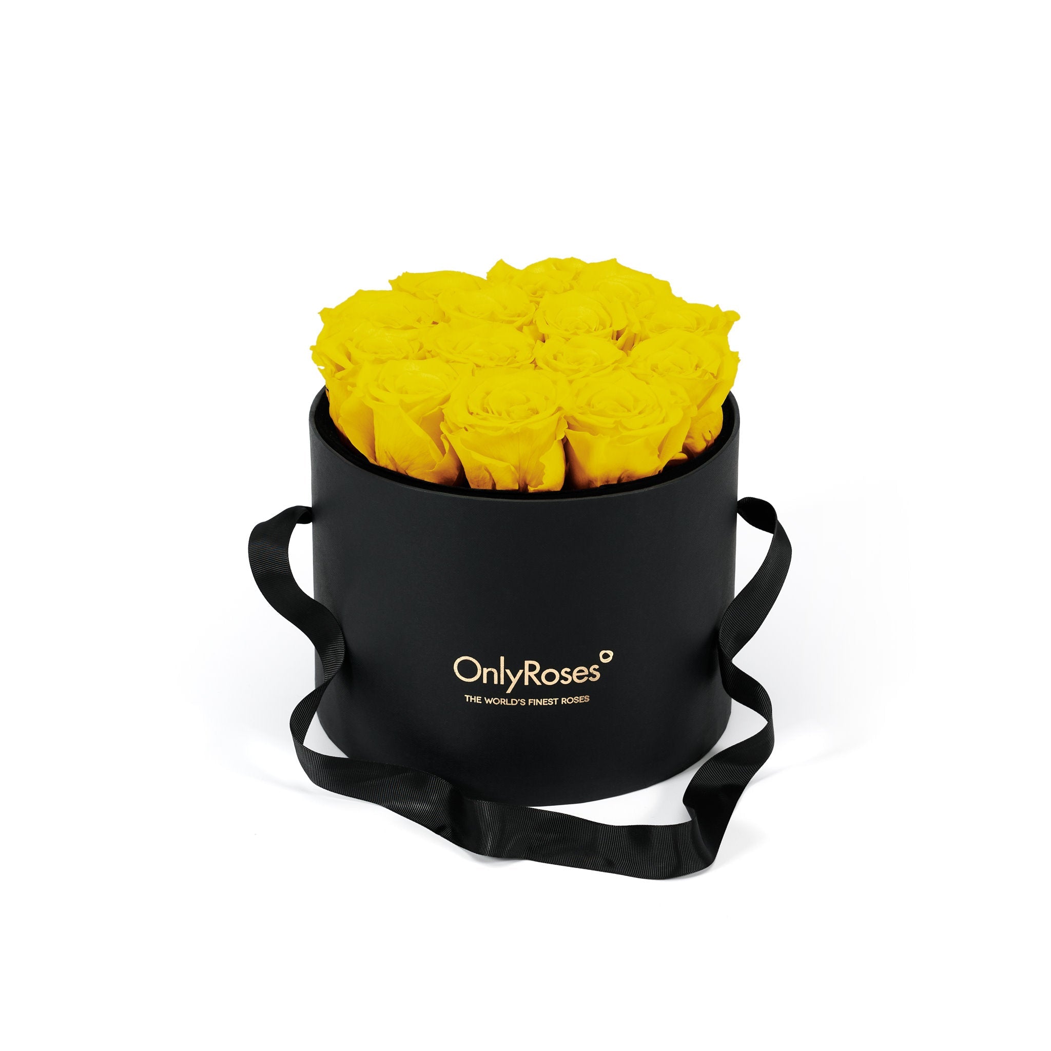 Black round box with yellow roses and 'Only Roses' branding on a white background