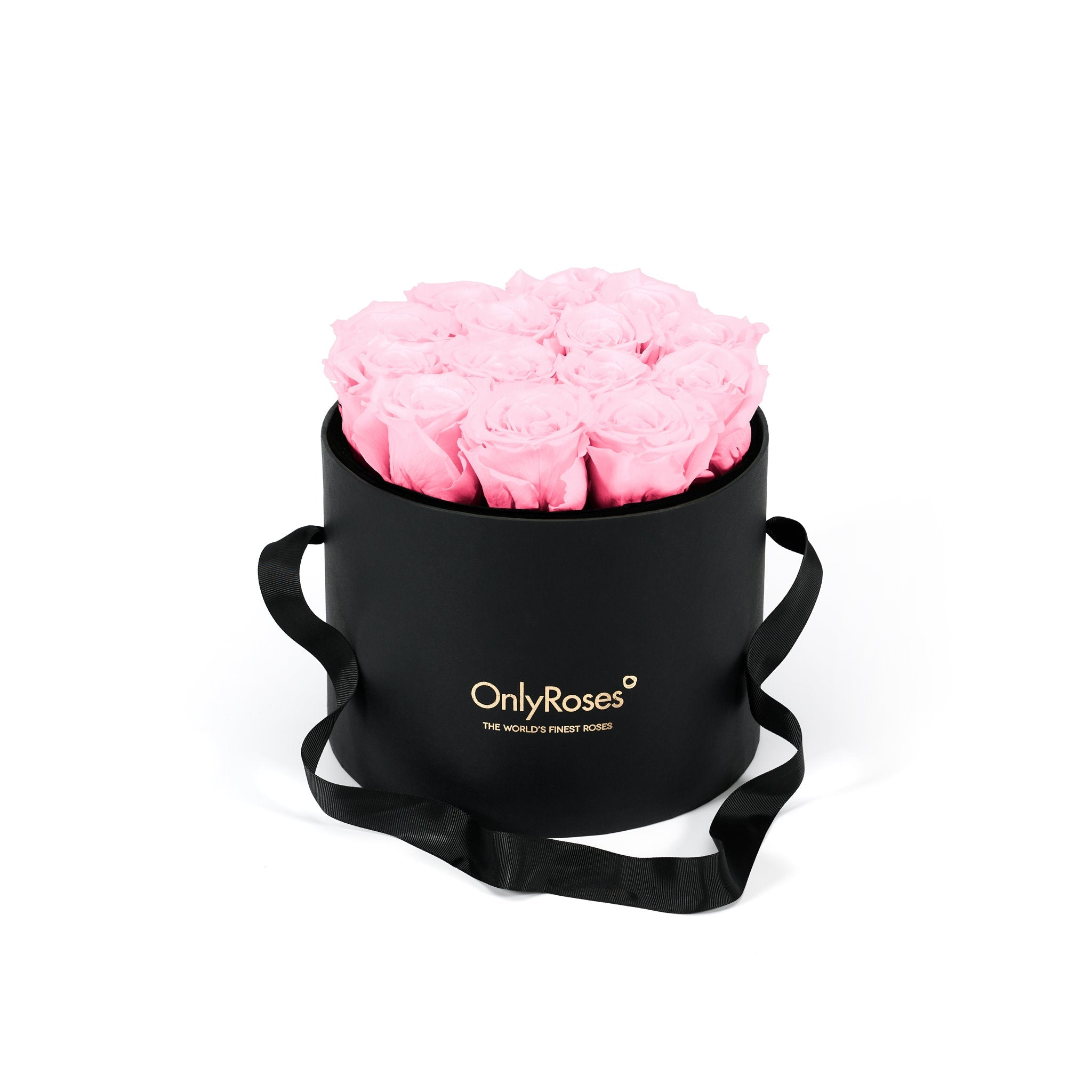 Black round box with pink roses and 'Only Roses' branding on a white background