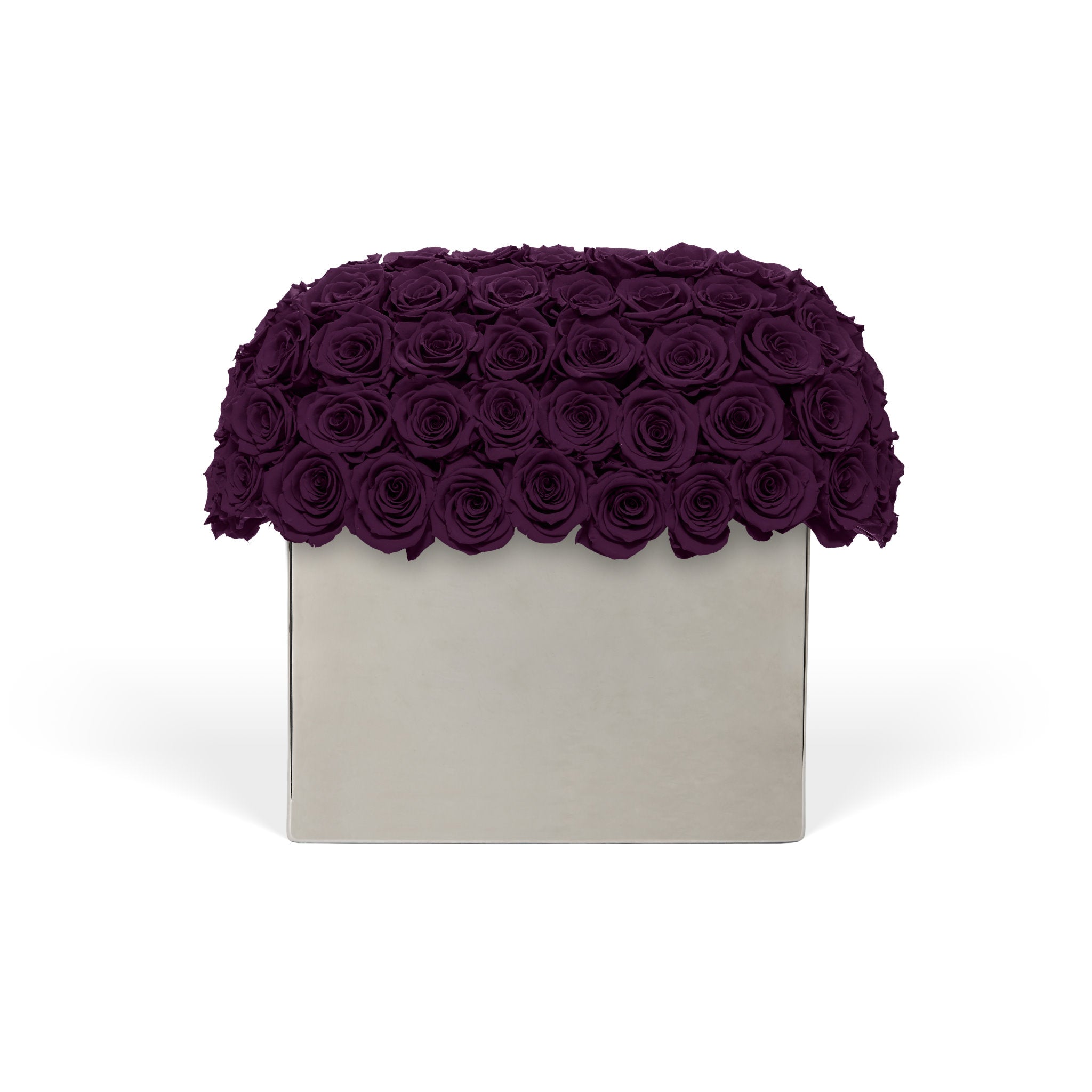 Square box with a scalloped purple rose top on a white background