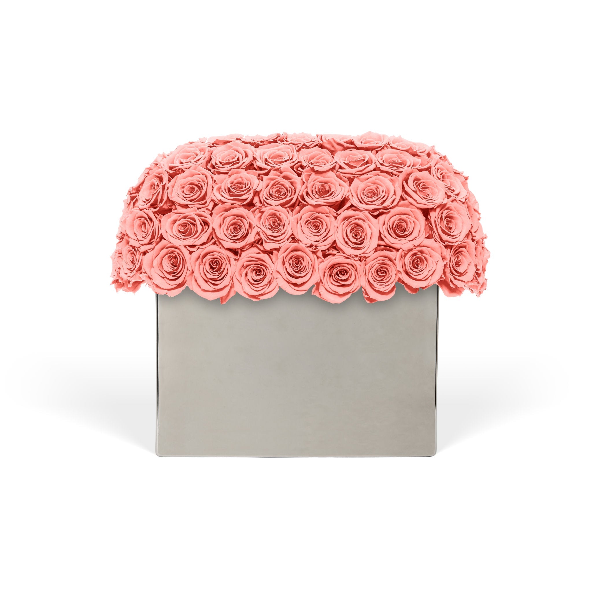 Decorative box with coral pink roses on a white background