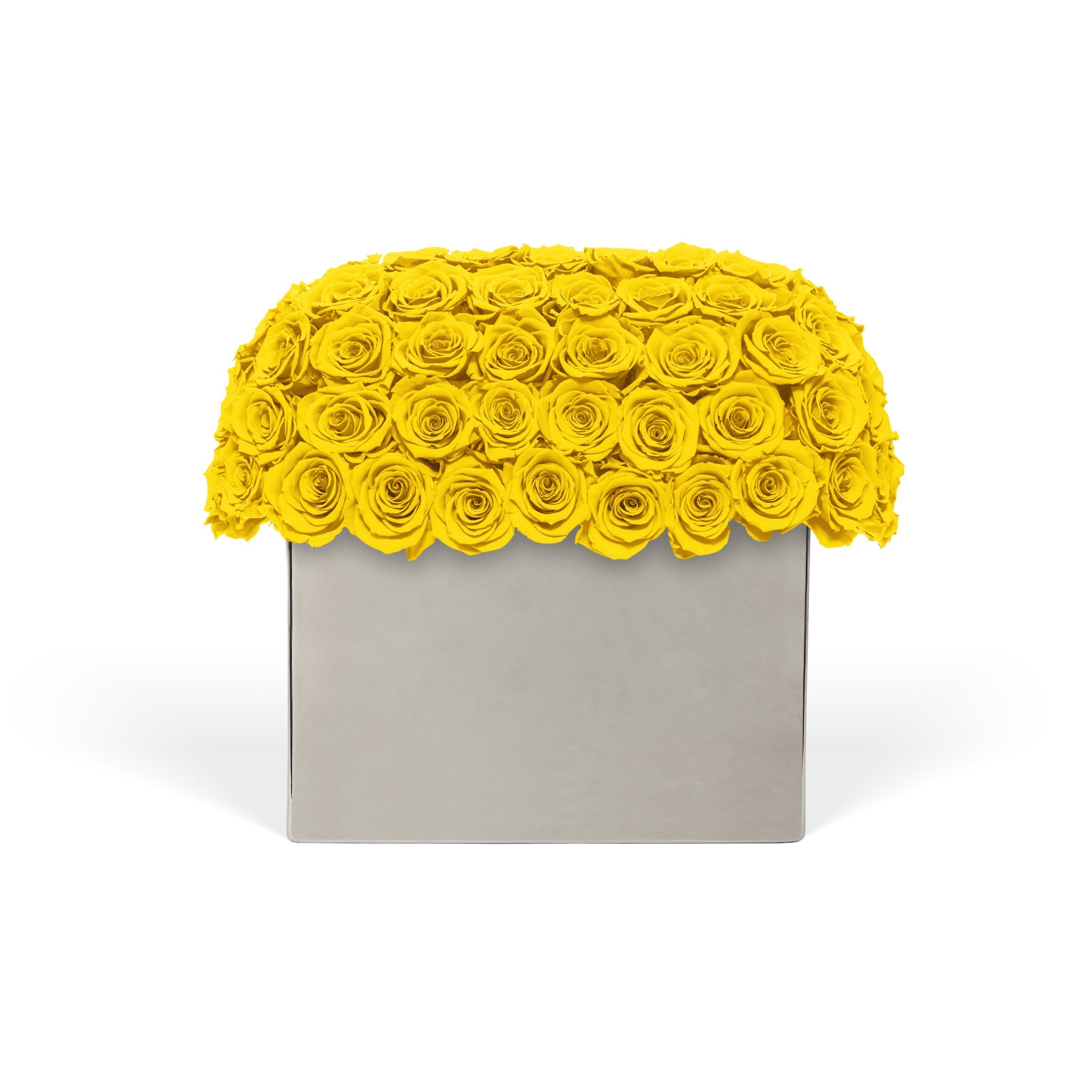 Decorative box with yellow rose-like flowers on a white background