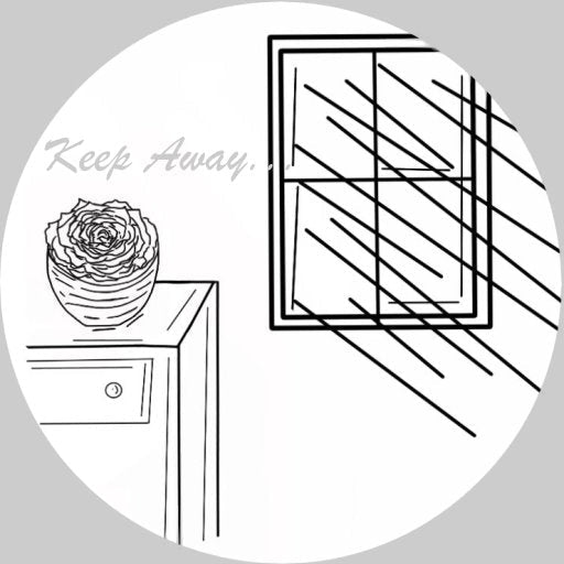 Illustration of a room with a dresser, mirror, and rose, labeled 'Keep Away'.