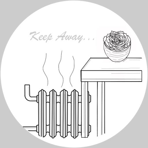 Illustration of a radiator with steam and a plant on a table, with 'Keep Away' text.